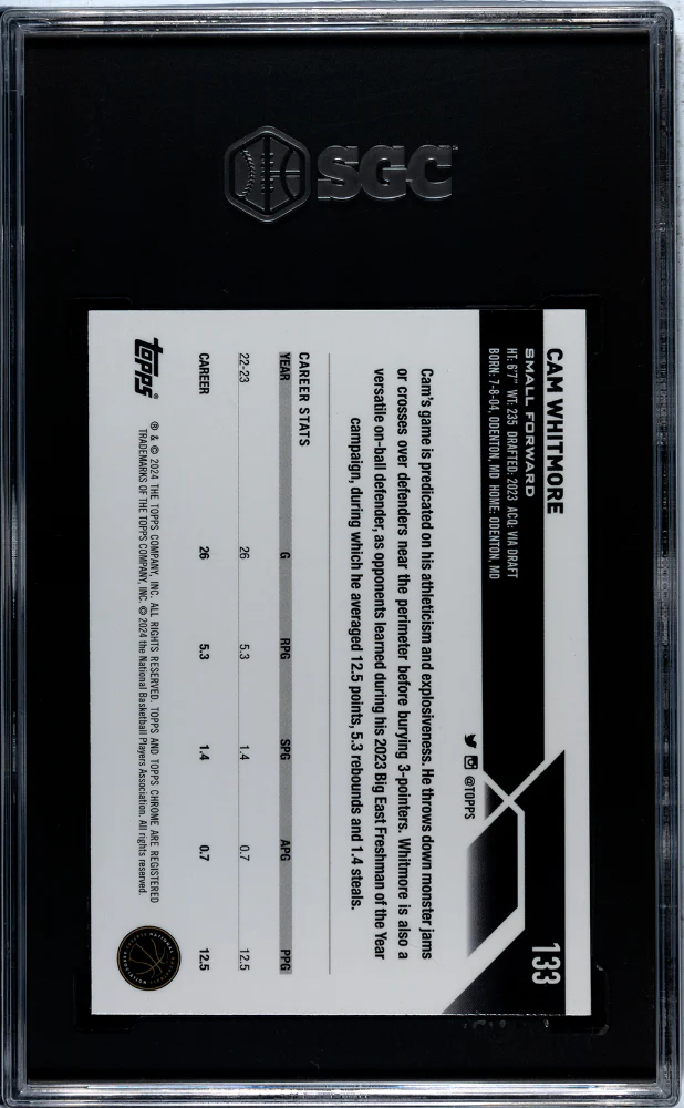 2023-24 Topps Chrome #133 Cam Whitmore Blue Ref. /75 SGC 10 - Image 2