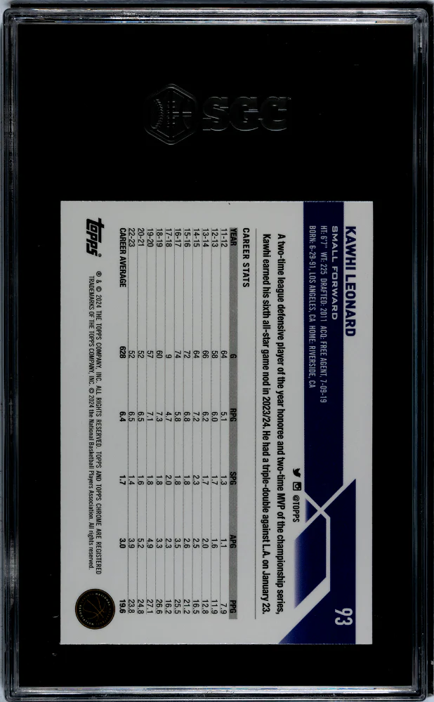 2023-24 Topps Chrome #93 Kawhi Leonard Orange BB Ref. SGC 10 - Image 2