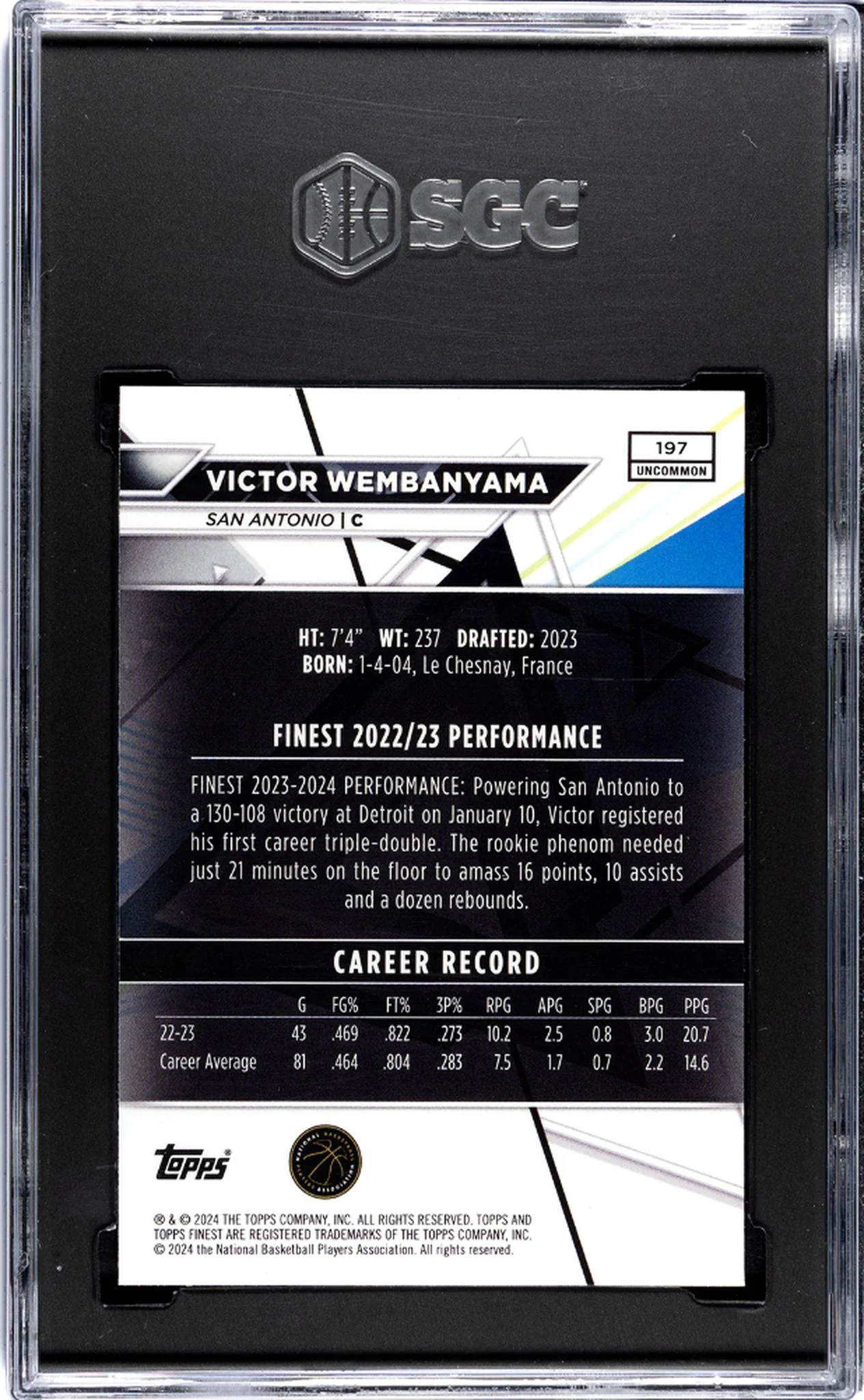2023-24 Topps Finest #197 Victor Wembanyama SGC 10 - Image 2