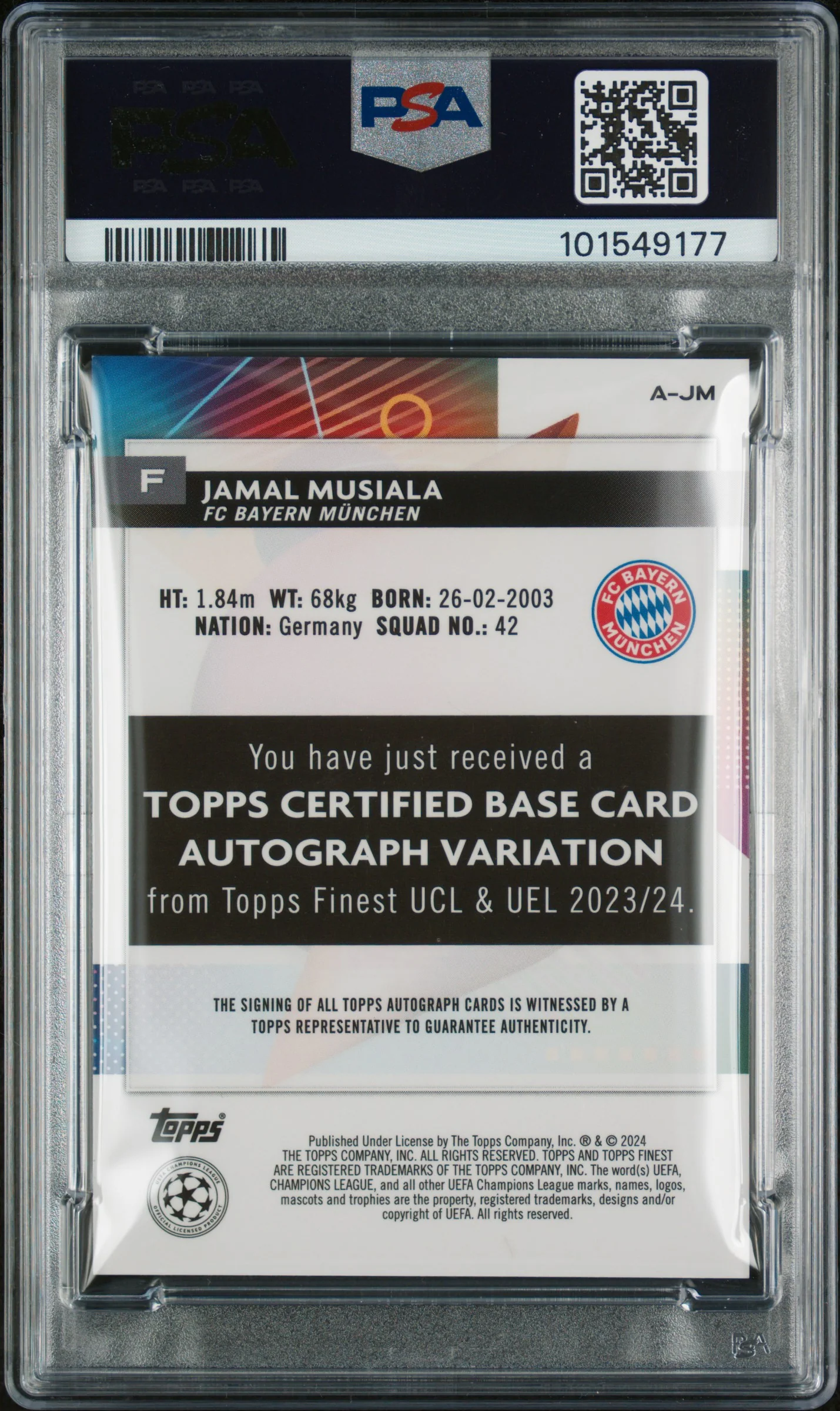2023-24 Topps Finest UCC Gold Refractor Jamal Musiala #A-JM Auto /50 PSA 9 - Image 2