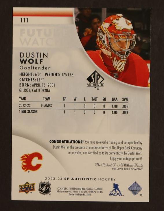 2024 Upper Deck SP Authentic #111 Dustin Wolf Future Watch Rookie Auto /999 - Image 2