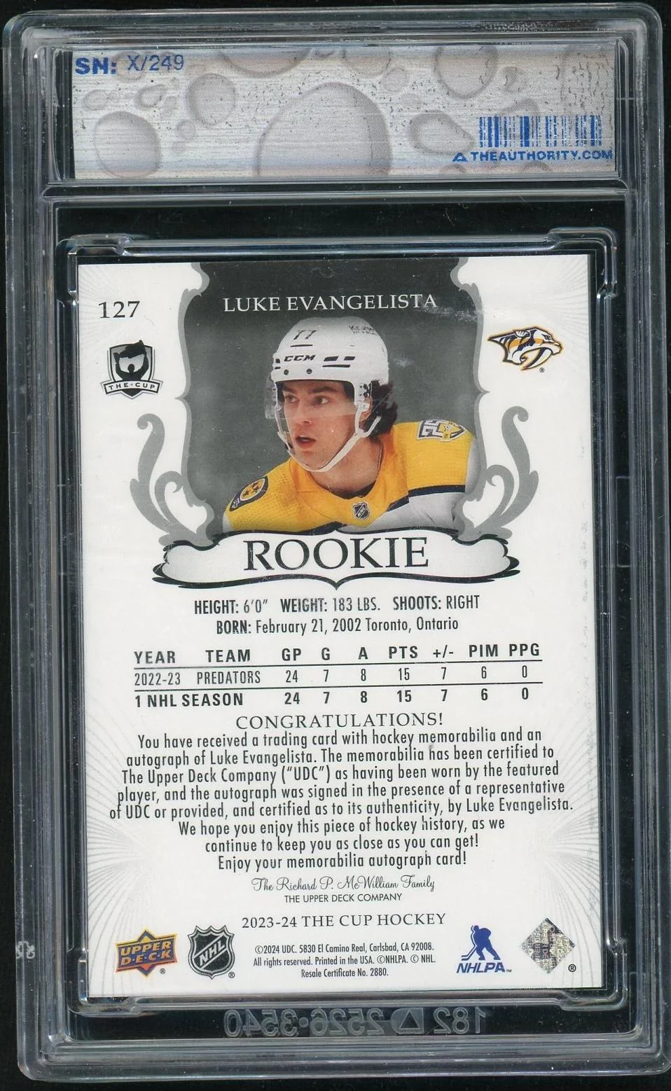 2023-24 Upper Deck The Cup Rookie Auto Patch Luke Evangelista #127 RC RPA /249 - Image 2