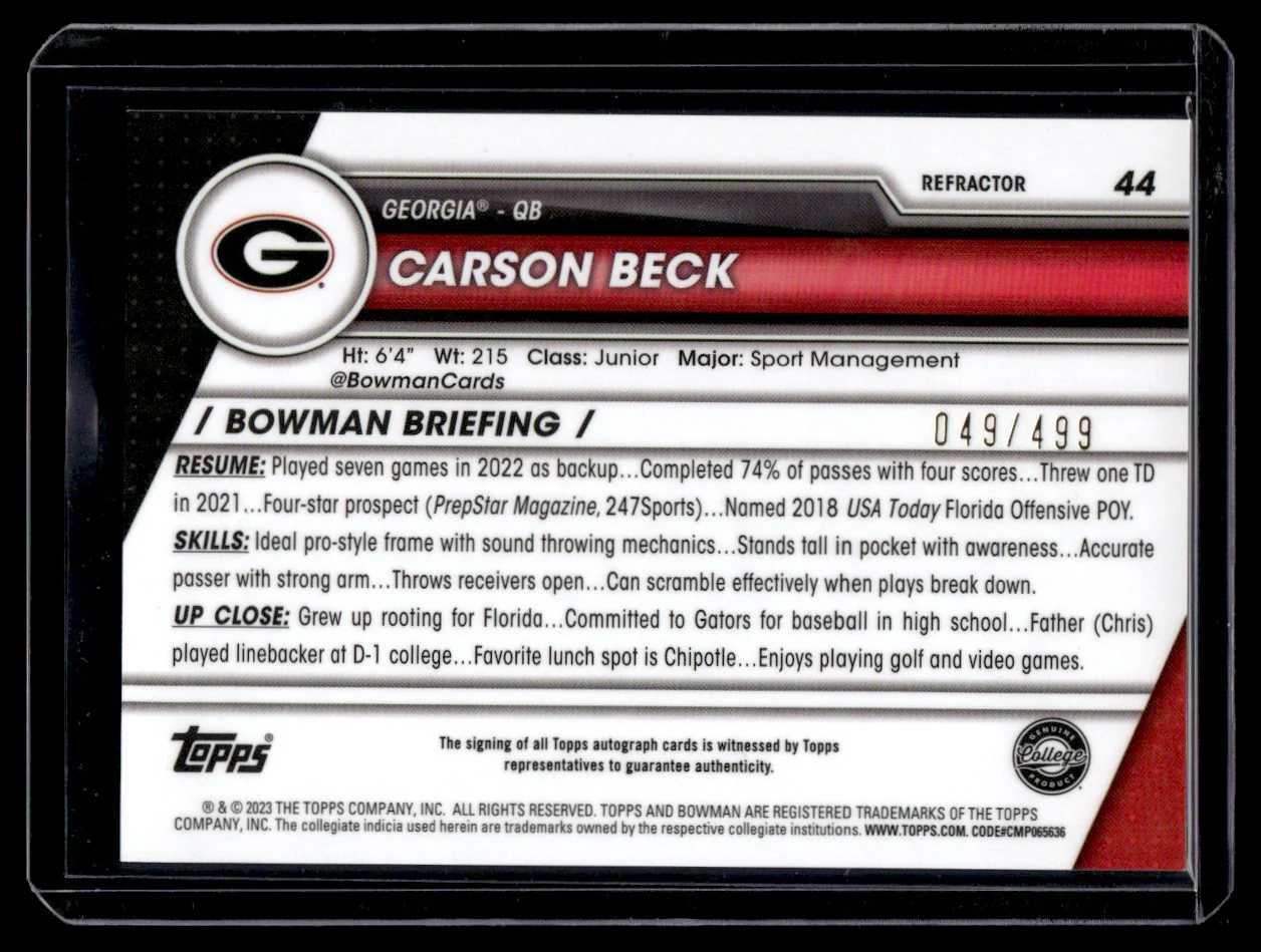 2023 Bowman Chrome 44 Carson Beck Refractor /499 Georgia Auto - Image 2