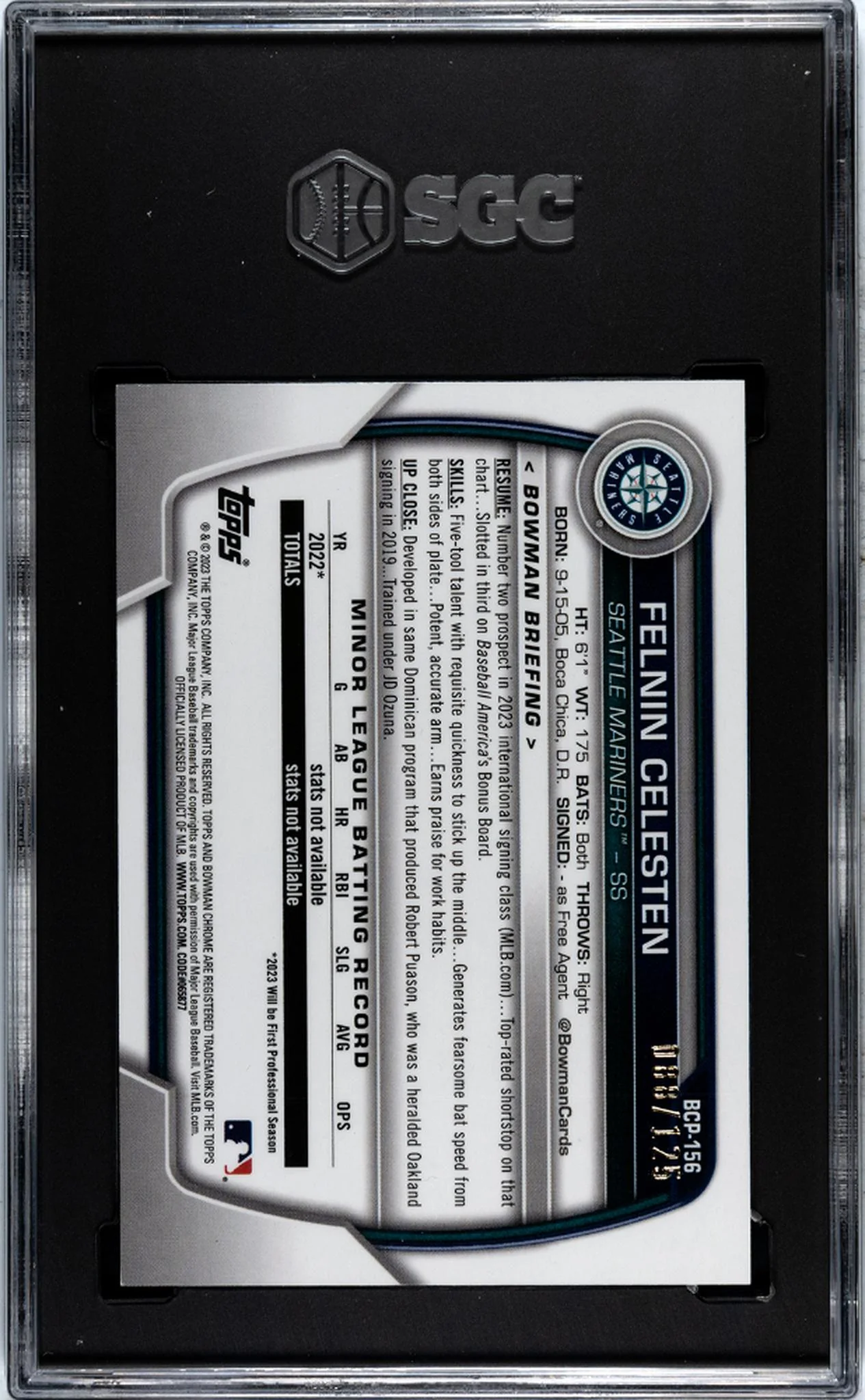2023 Bowman Chrome Aqua Refractor Felnin Celesten #BCP-156 /125 SGC 9.5 - Image 2