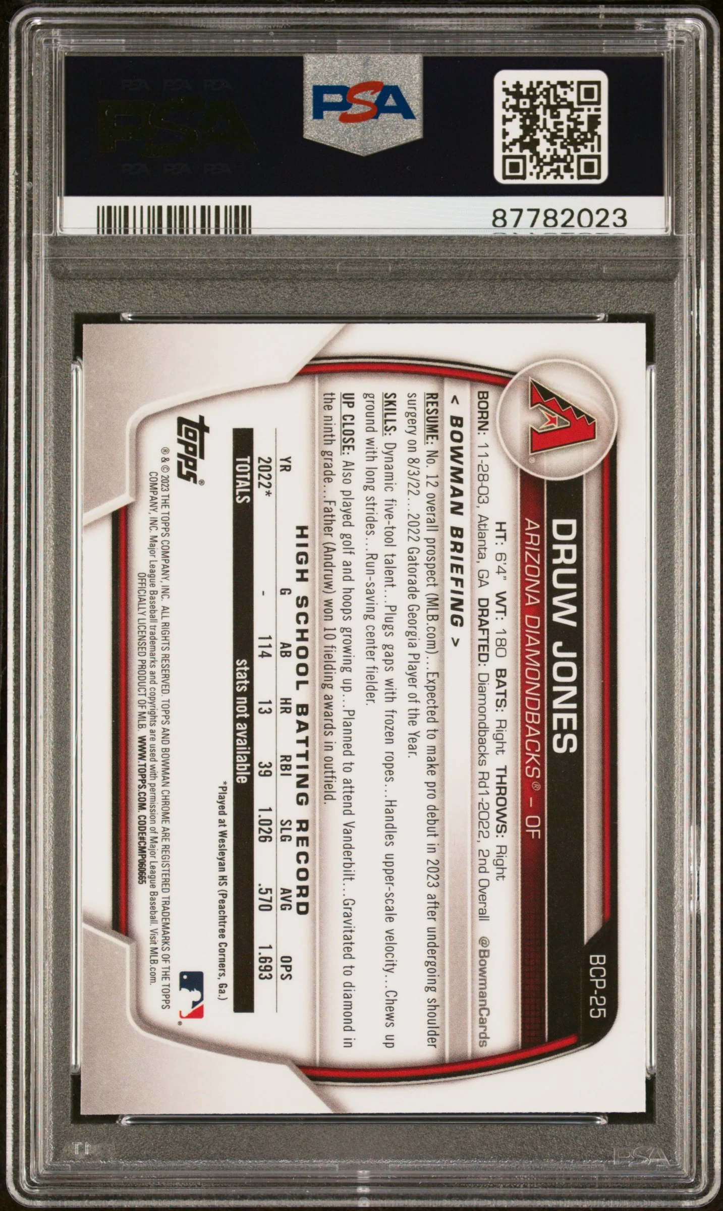 2023 Bowman Chrome Druw Jones #BCP25 PSA 10 - Image 2