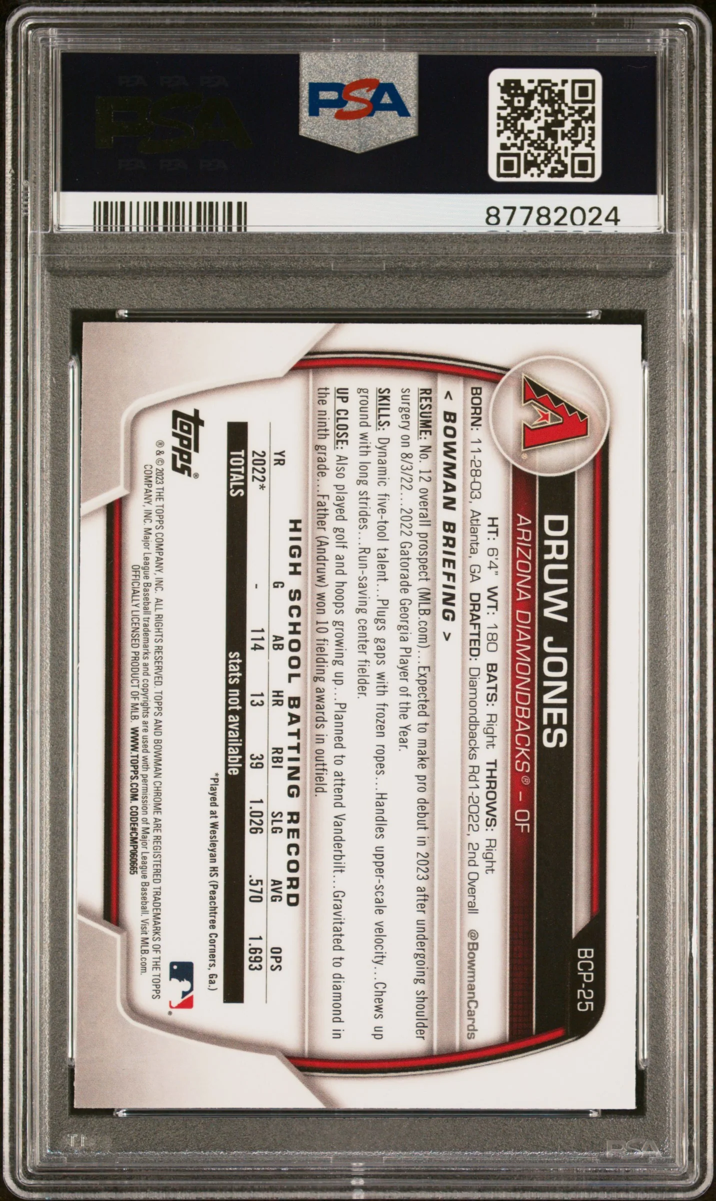 2023 Bowman Chrome Prospects Druw Jones #BCP25 PSA 9 - Image 2