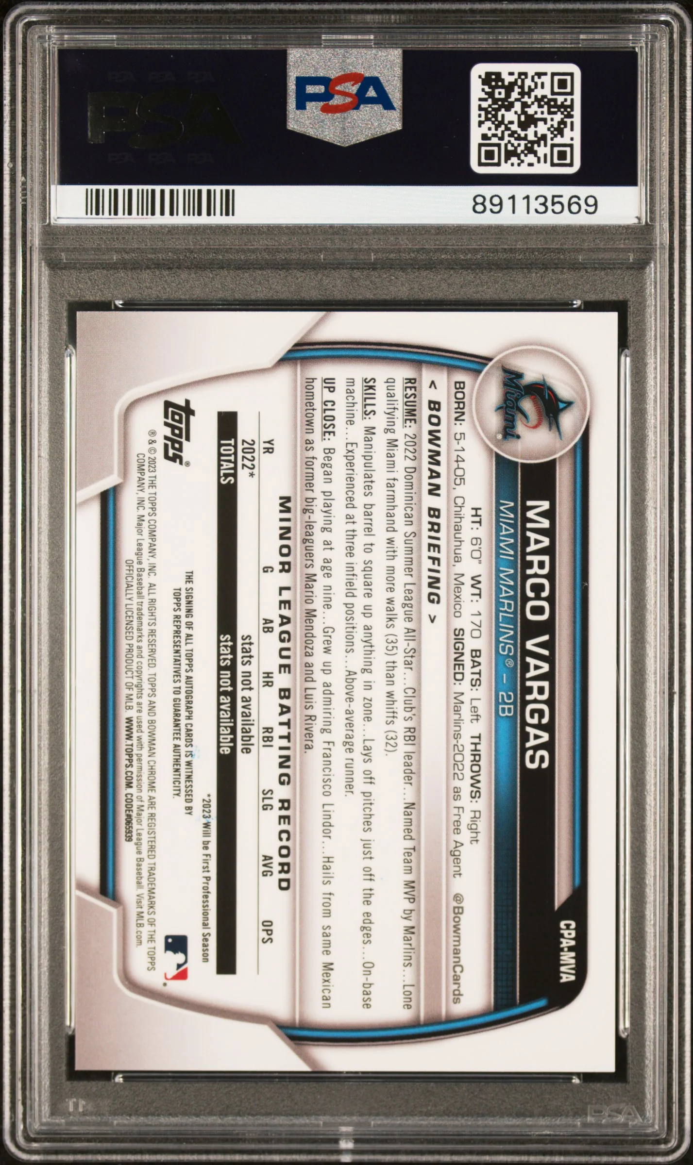 2023 Bowman Chrome Blue RayWave Marco Vargas #CPA-MVA Auto /150 PSA 10 - Image 2