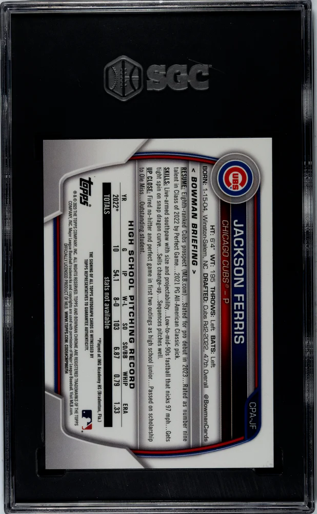 2023 Bowman Chrome Blue Refractor Jackson Ferris #CPA-JF Auto/150 SGC 10 Auto 10 - Image 2
