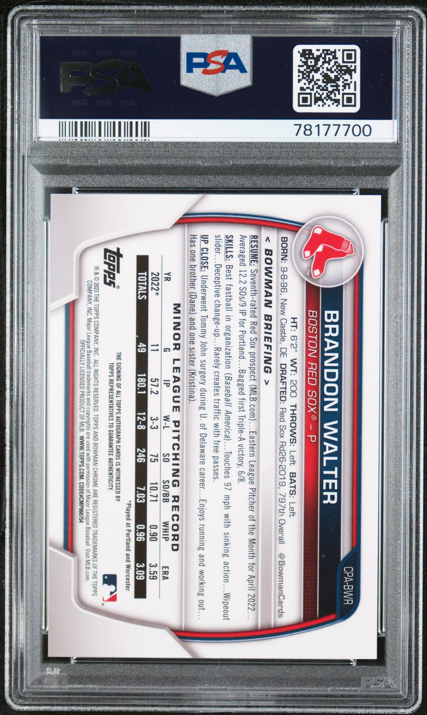 2023 Bowman Chrome Prospect Blue Ref Brandon Walter #CPA-BWR /150 PSA 10 Auto - Image 2