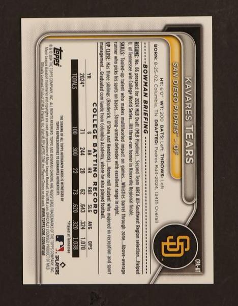 2023 Bowman Chrome Kavares Tears Purple Rookie /250 San Diego Padres Auto - Image 2