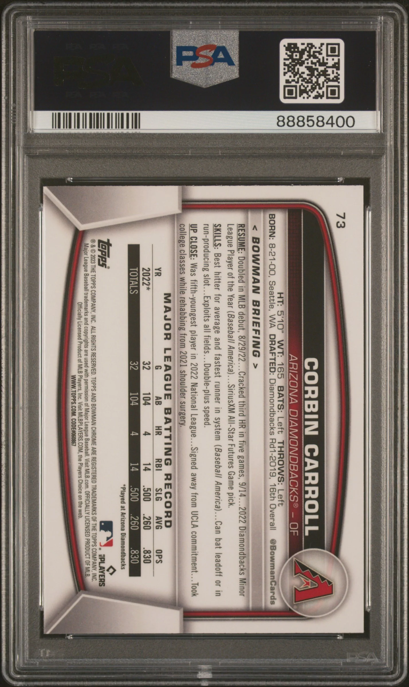 2023 Bowman Chrome Mega Box Corbin Carroll #73 PSA 10 - Image 2