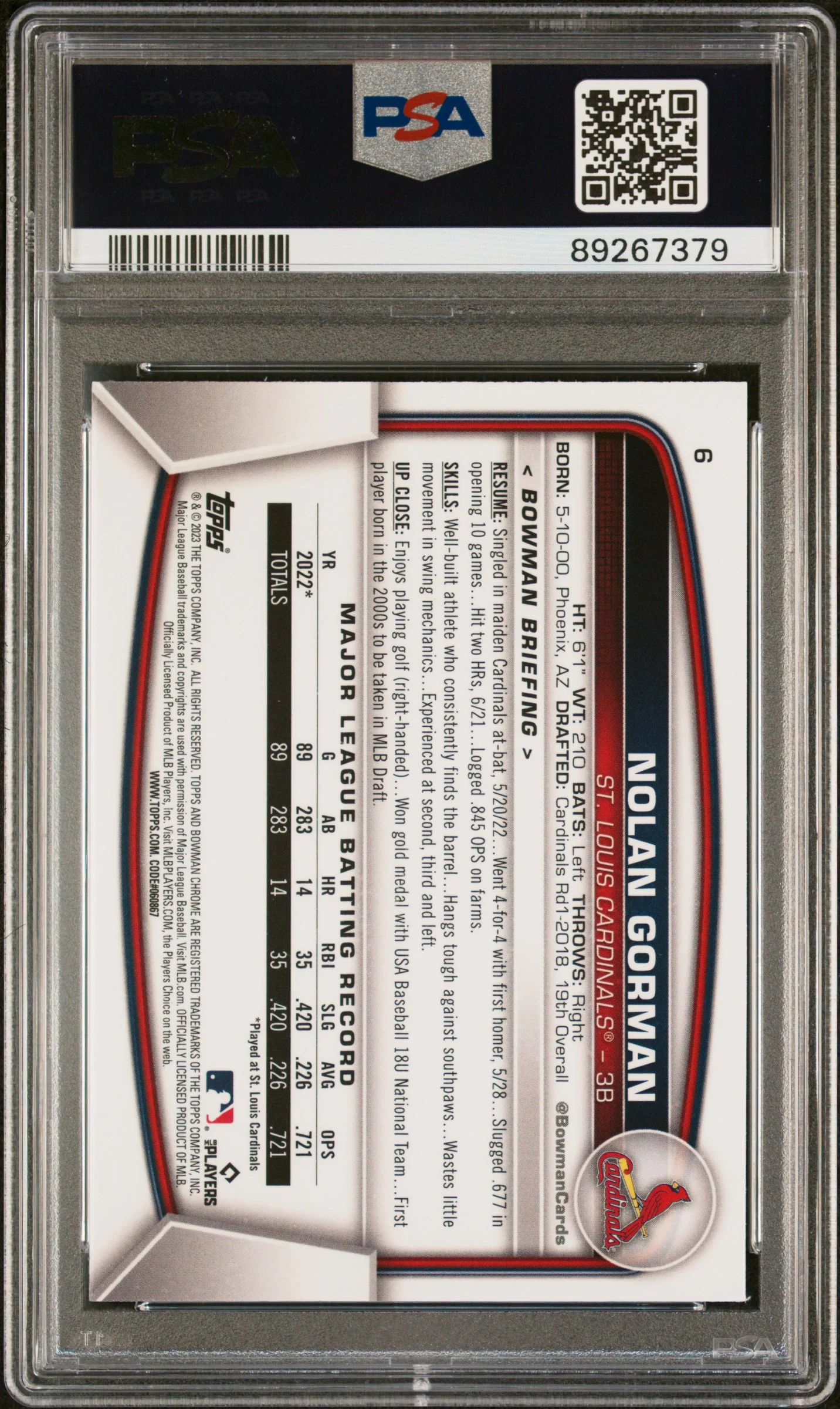 2023 Bowman Chrome Nolan Gorman #6 RC PSA 10 - Image 2