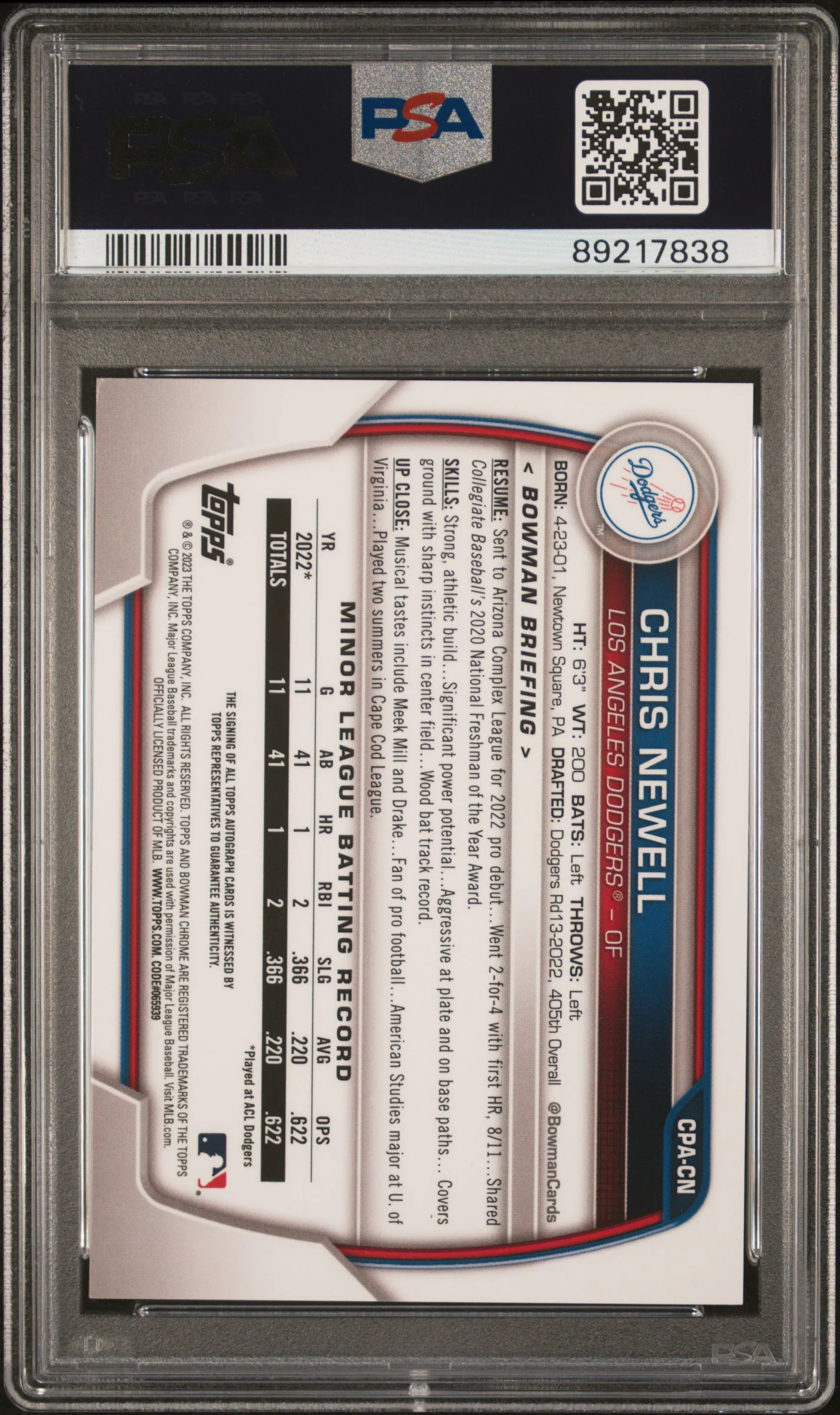 2023 Bowman Chrome Orange Refractor Chris Newell #CPA-CN Auto /25 PSA 9 - Image 2