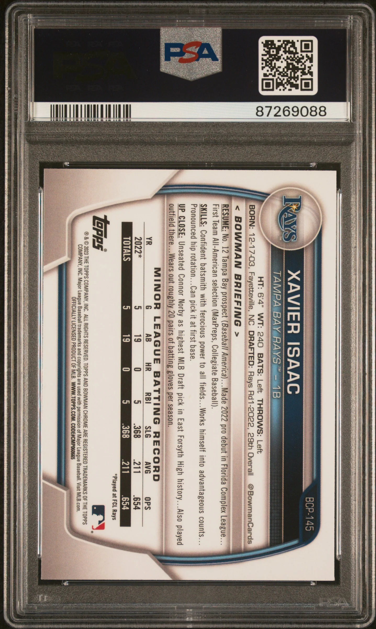 2023 Bowman Chrome Prospect Atomic Refractor Xavier Isaac #BCP145 PSA 10 - Image 2