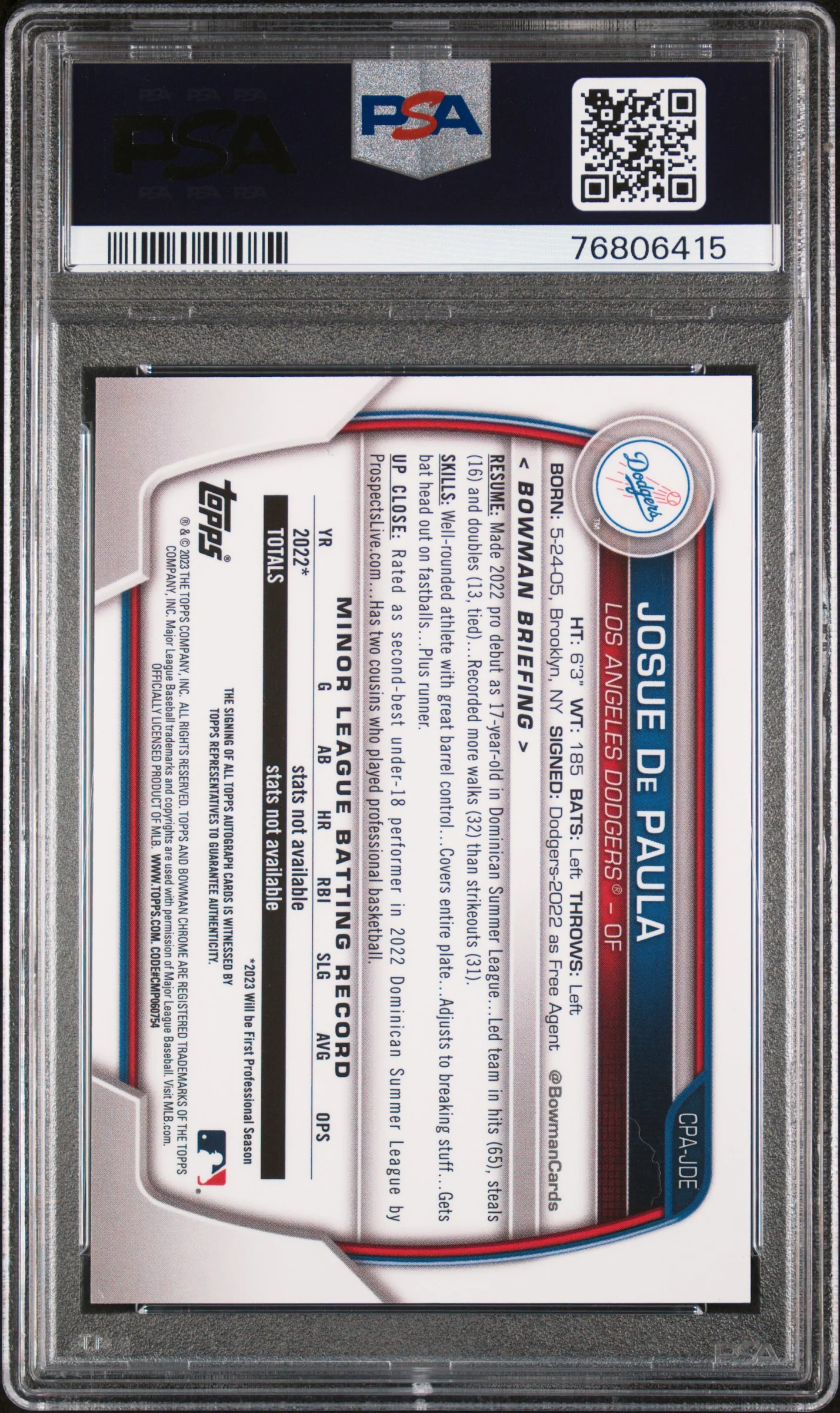 2023 Bowman Chrome Prospect Auto Josue De Paula #CPA-JDE PSA 9 - Image 2
