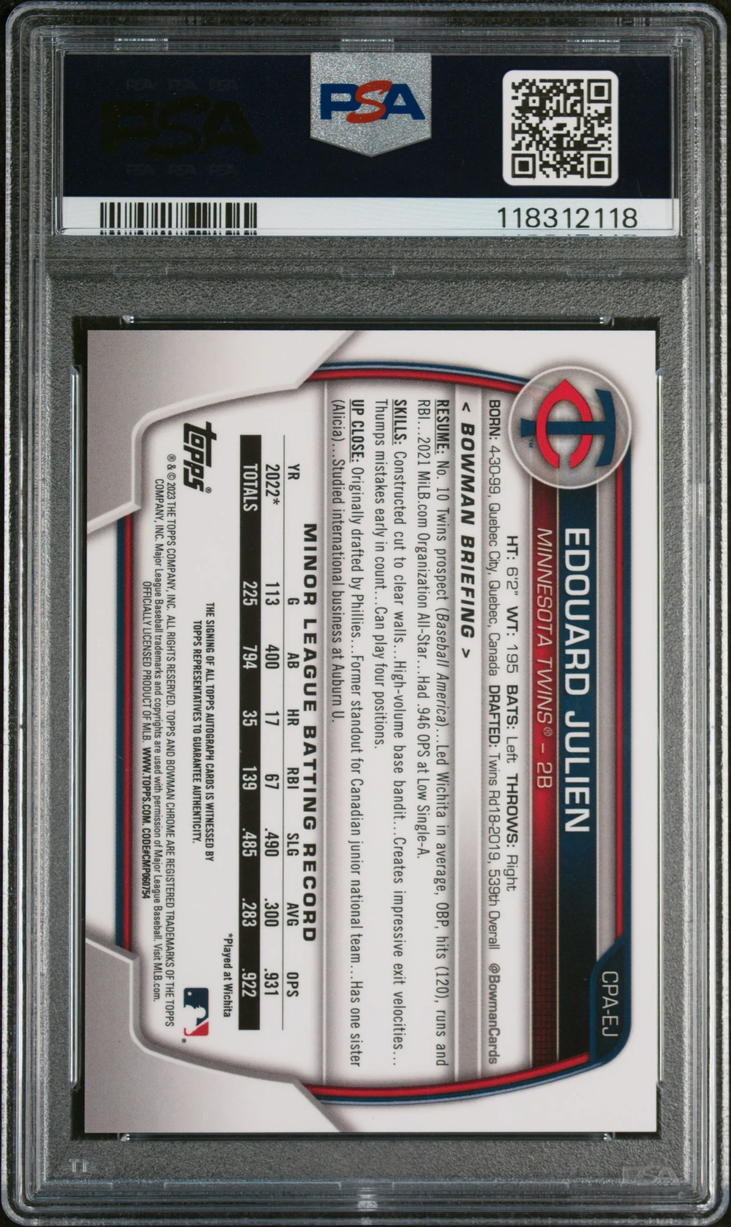 2023 Bowman Chrome Prospect Autograph Gold Shimmer Refractor Edouard Julien #CPAEJ /50 PSA 9 - Image 2