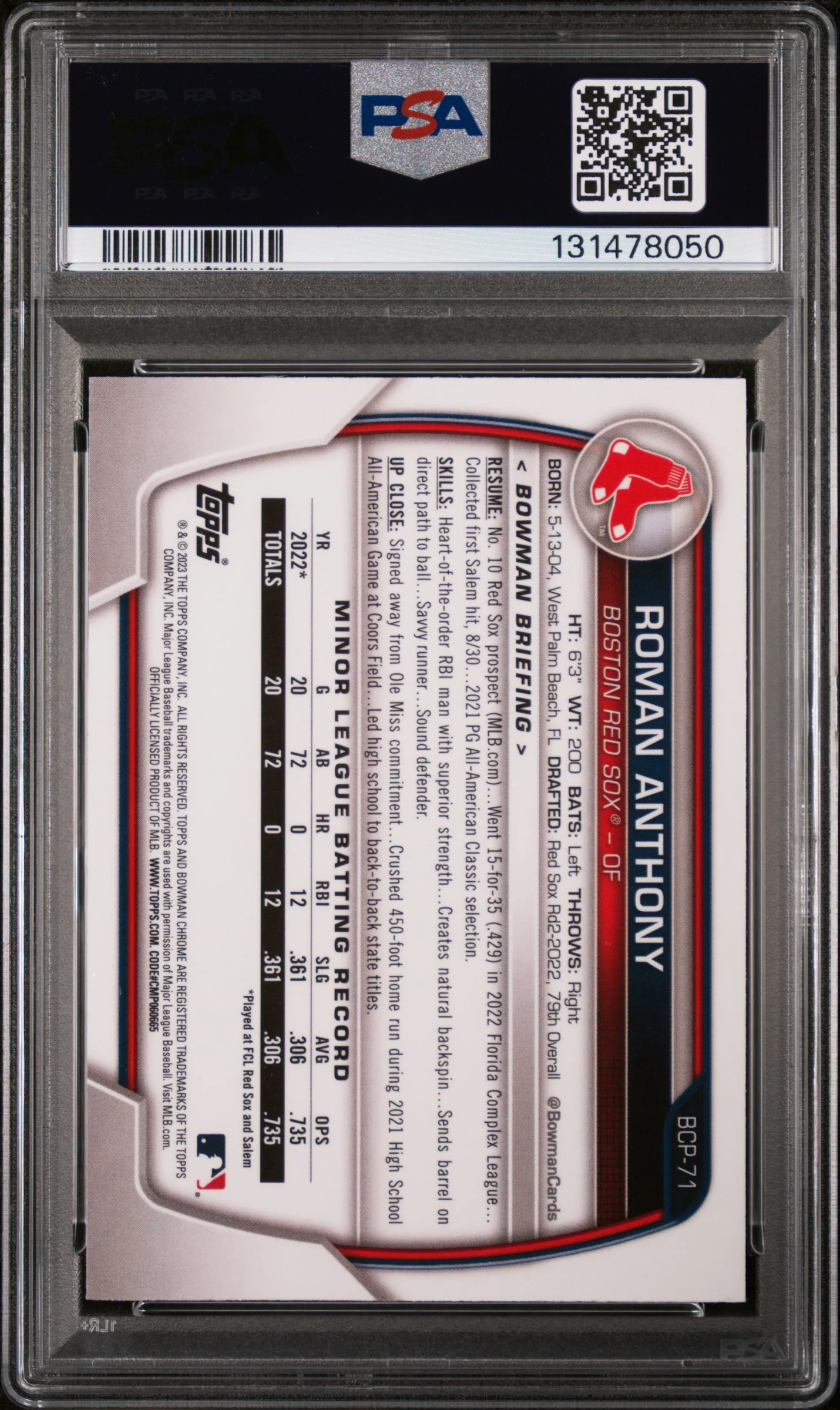 2023 Bowman Chrome Prospect Roman Anthony #BCP71 PSA 9 - Image 2