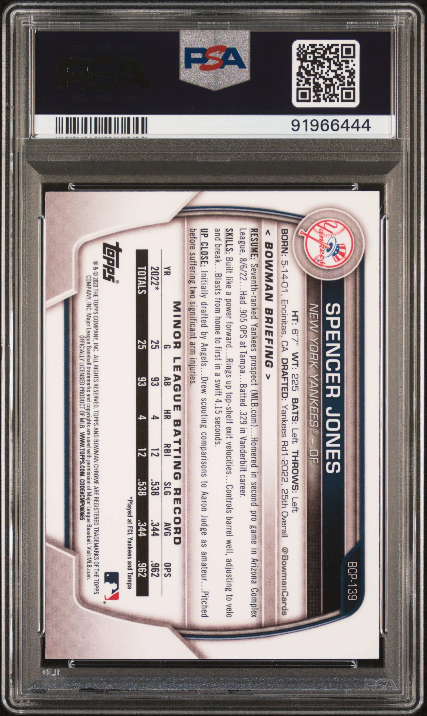 2023 Bowman Chrome Prospect Spencer Jones #BCP139 PSA 9 - Image 2