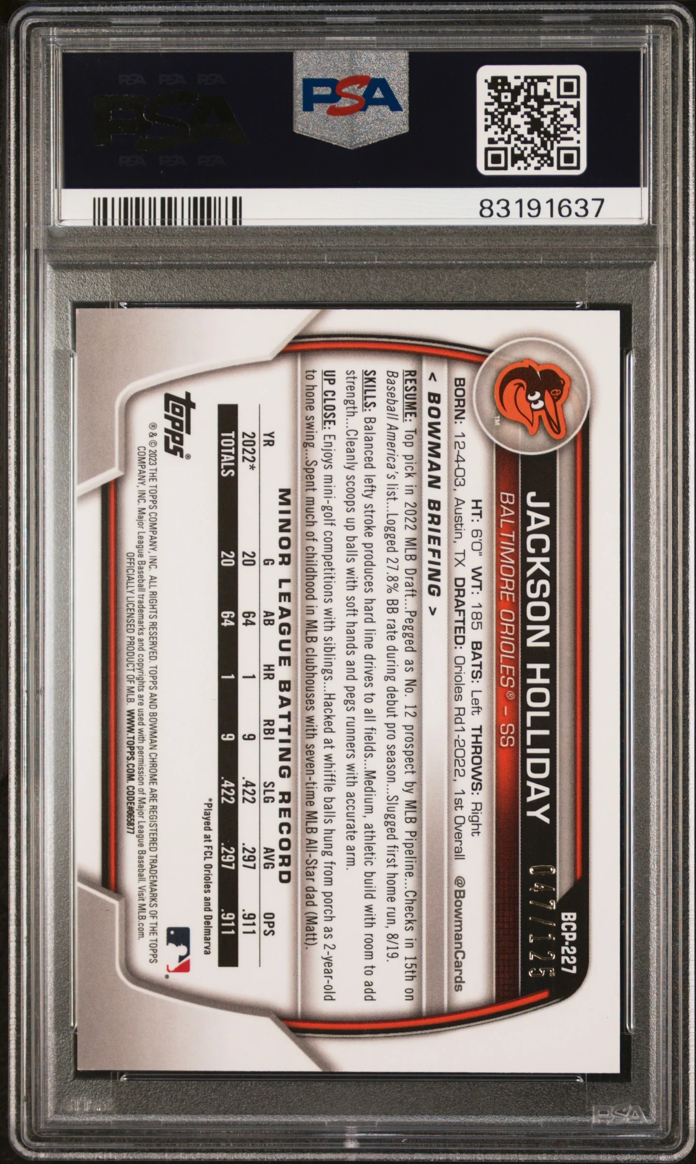 2023 Bowman Chrome Prospects Aqua Jackson Holliday #BCP227 /125 PSA 9 - Image 2