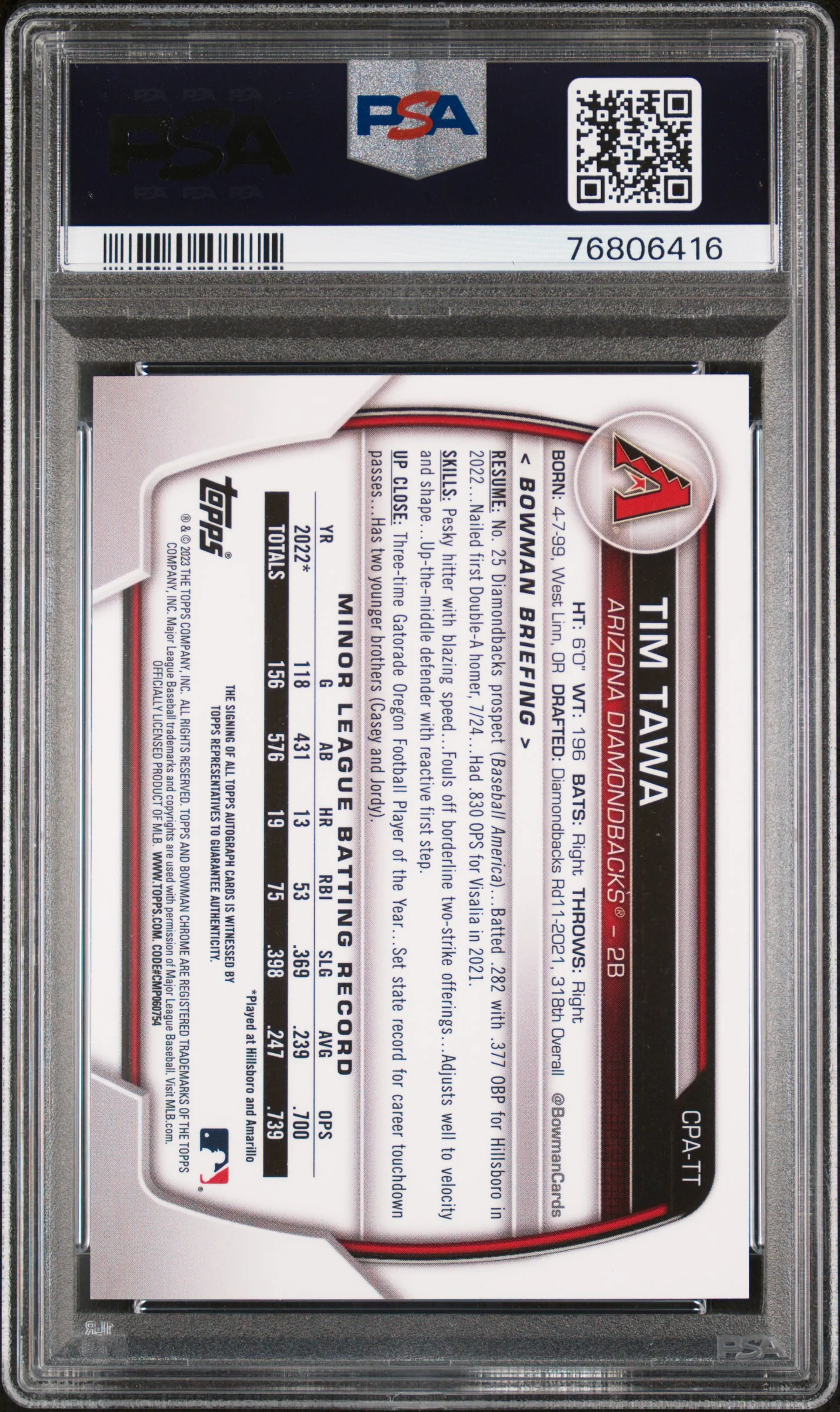 2023 Bowman Chrome Purple Refractor Tim Tawa #CPA-TT Auto /250 PSA 10 - Image 2