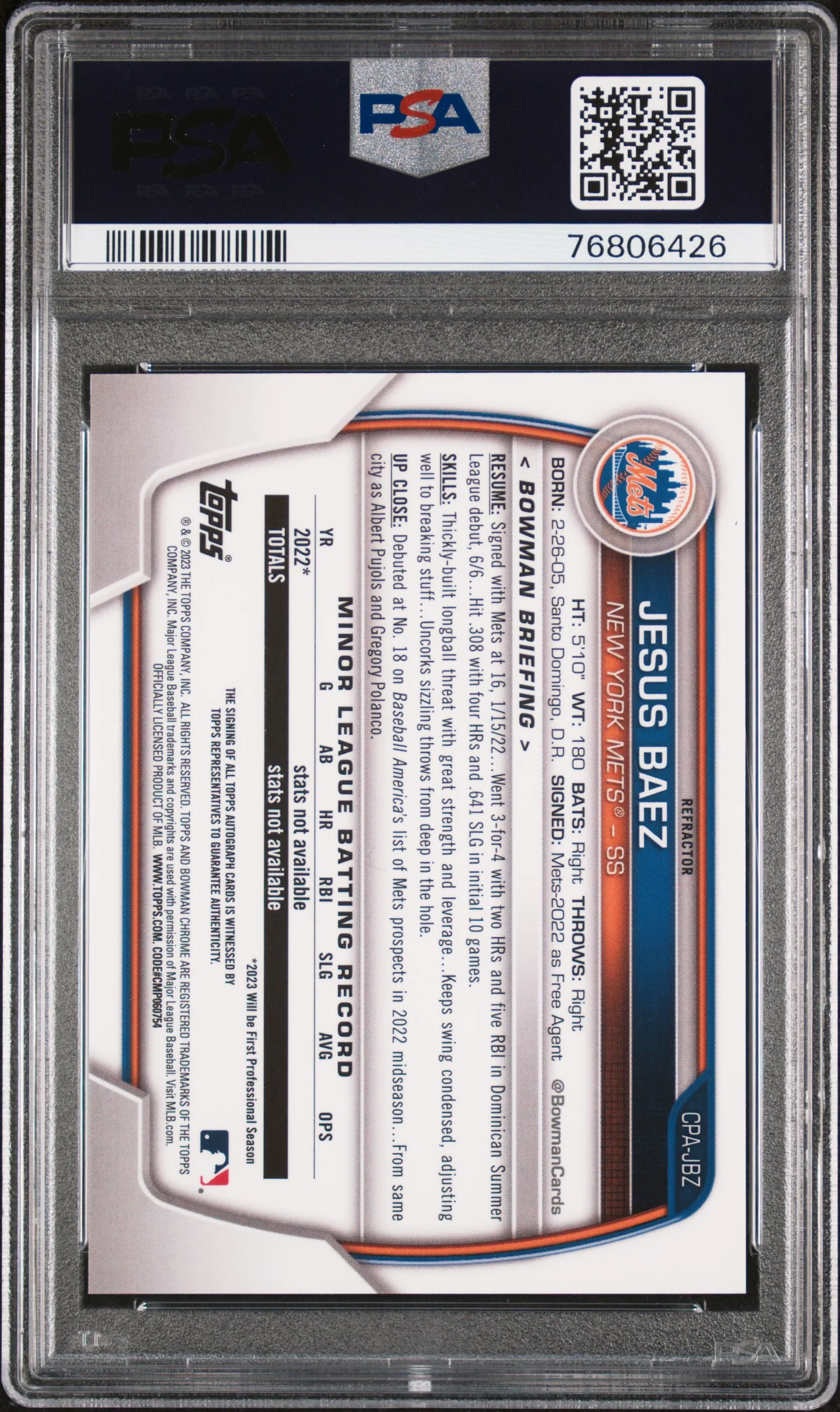 2023 Bowman Chrome Refractor Jesus Baez #CPA-JBZ Auto /499 PSA 9 - Image 2