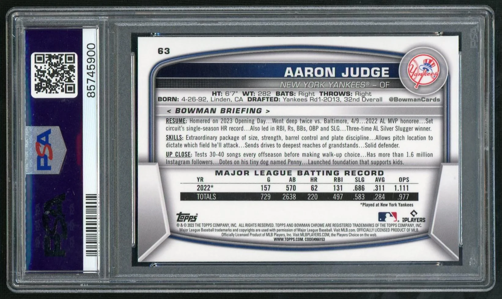 2023 Bowman Chrome Sapphire Aaron Judge #63 PSA 10 - Image 2