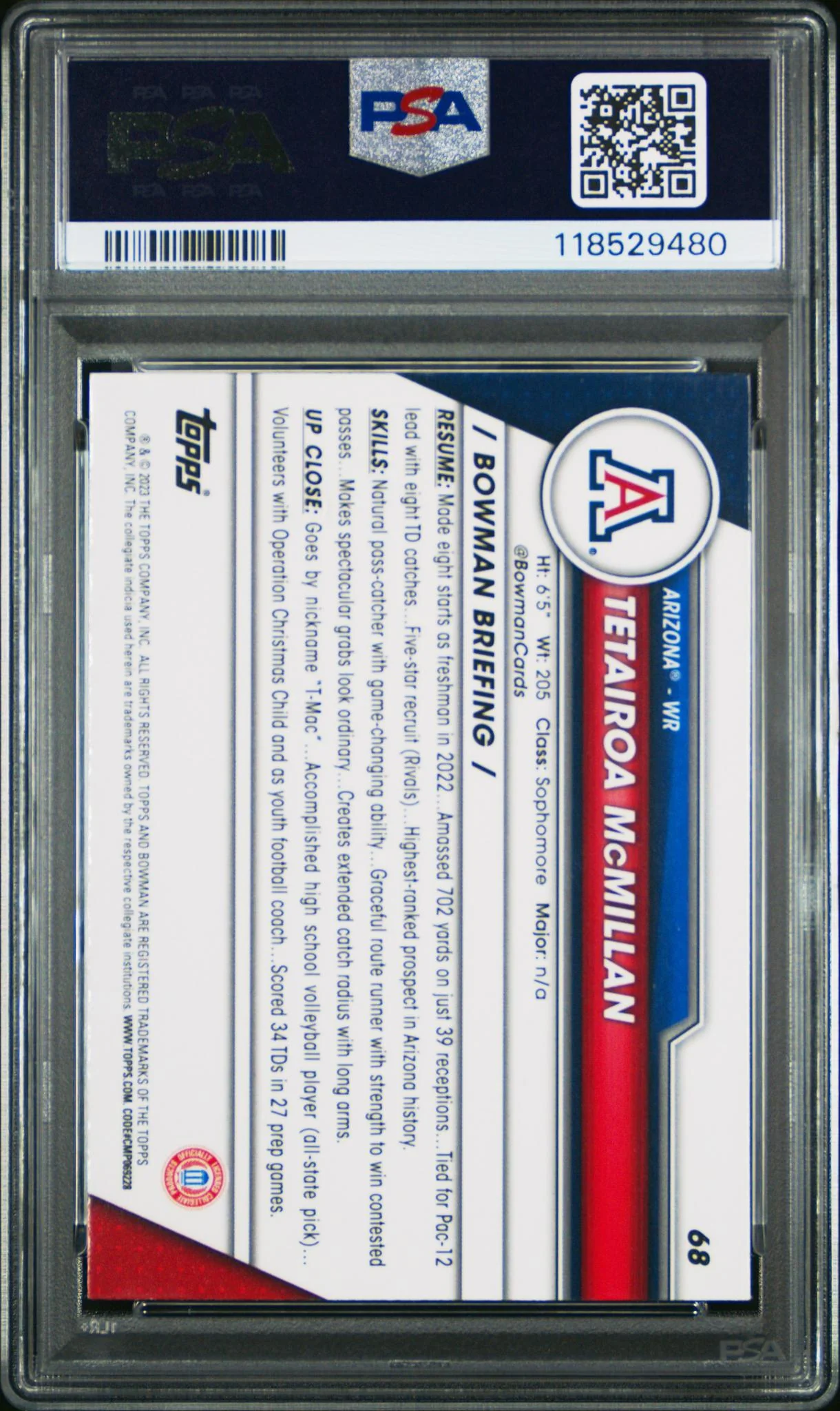 2023 Bowman Chrome Sapphire University Tetairoa Mcmillan #68 PSA 9 - Image 2