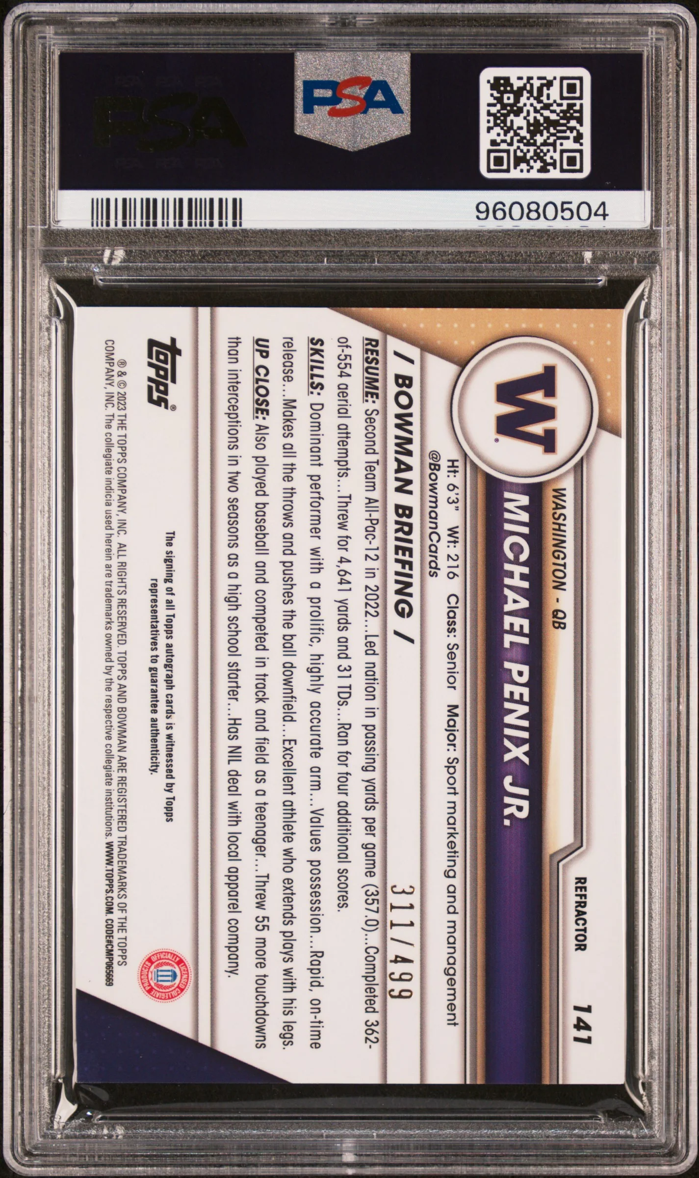 2023 Bowman Chrome University Autographs Refractors Michael Penix Jr. #141 /499 PSA 10 - Image 2