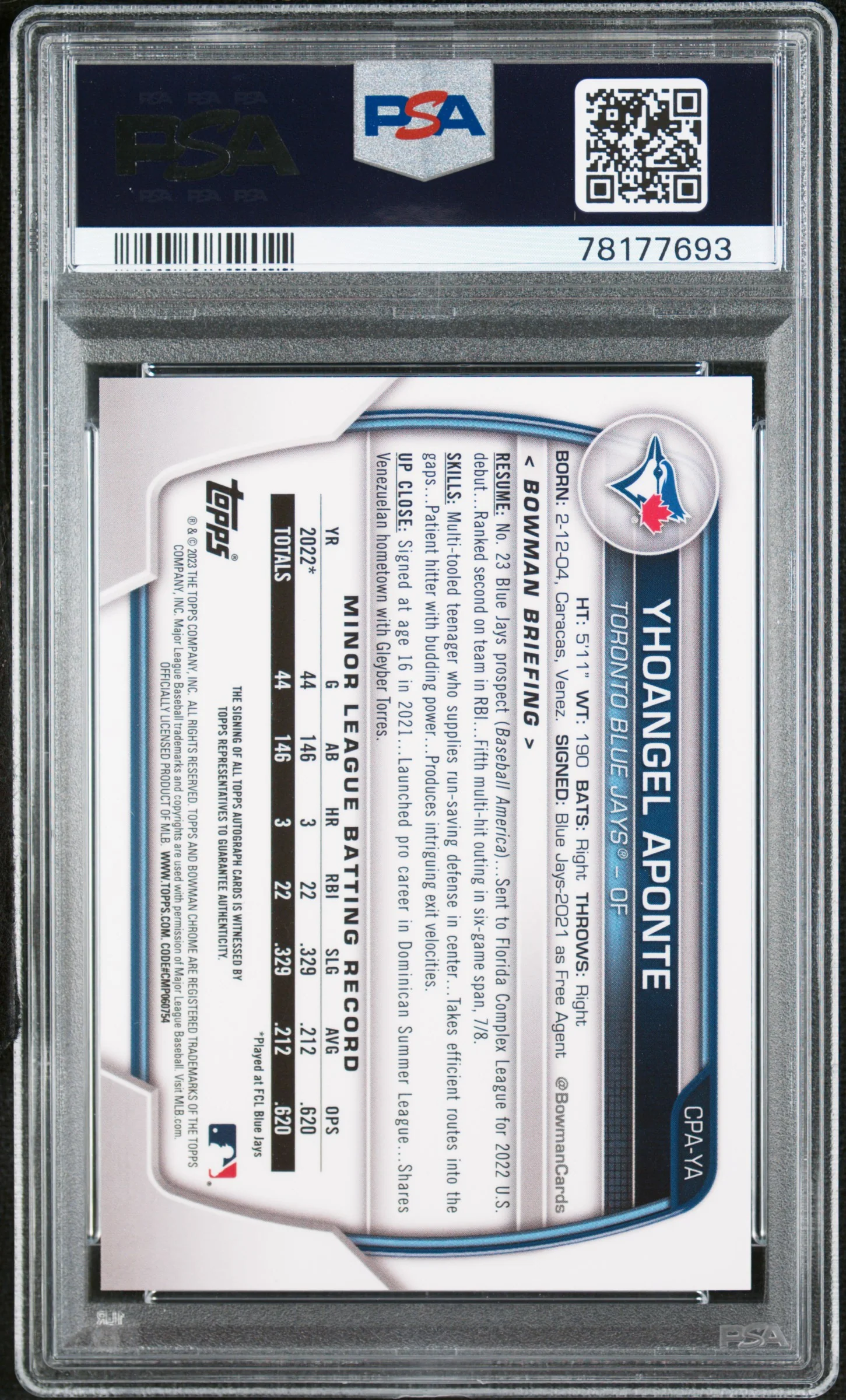 2023 Bowman Chrome Yhoangel Aponte #CPA-YA Auto PSA 10 - Image 2
