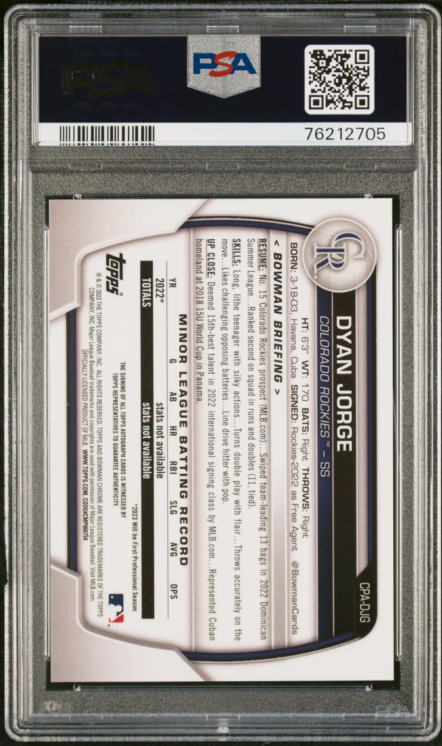 2023 Bowman Chrome Dyan Jorge #CPADJG Auto PSA 10 - Image 2