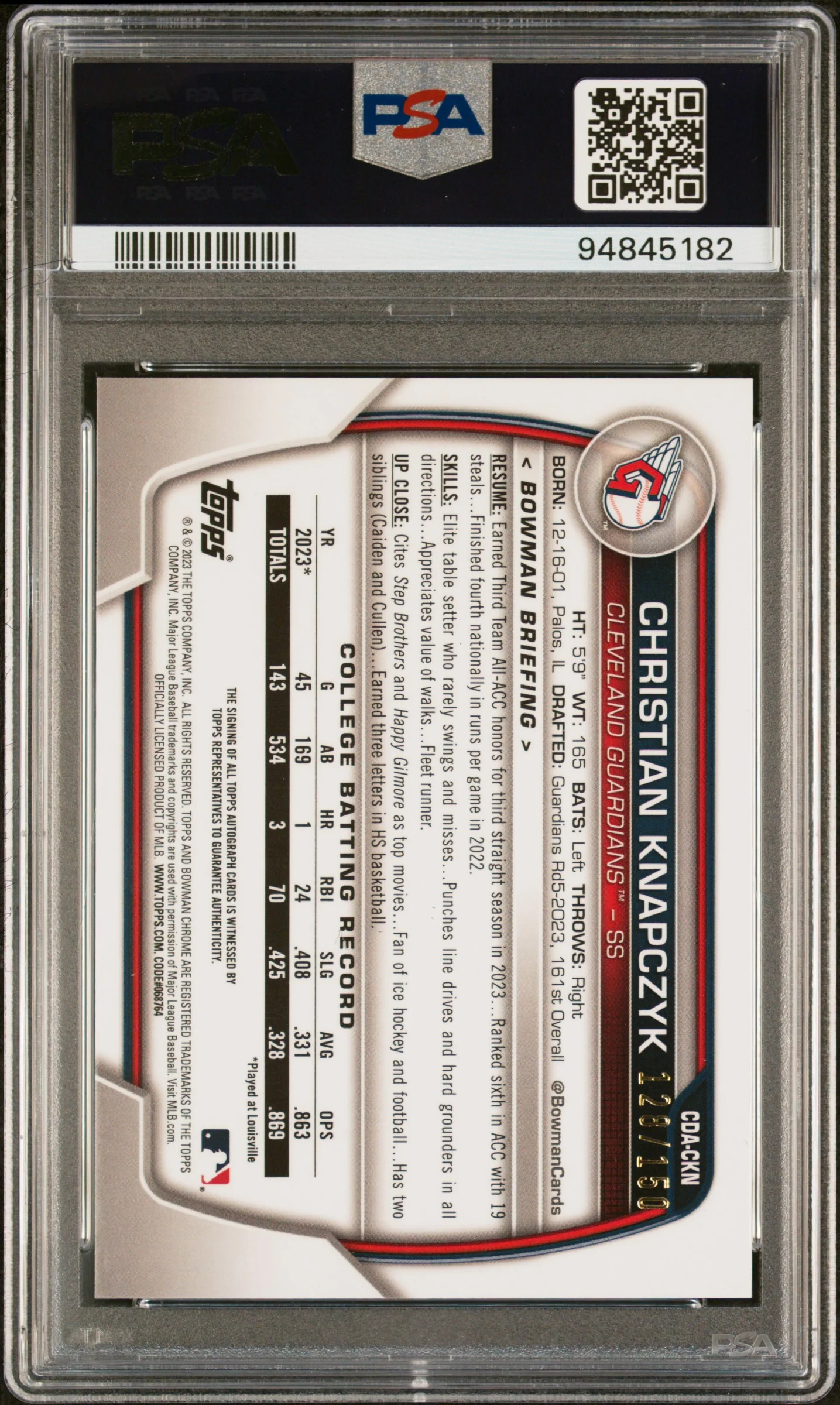 2023 Bowman Draft Auto Blue Christian Knapczyk #CDA-CKN /150 PSA 9 - Image 2