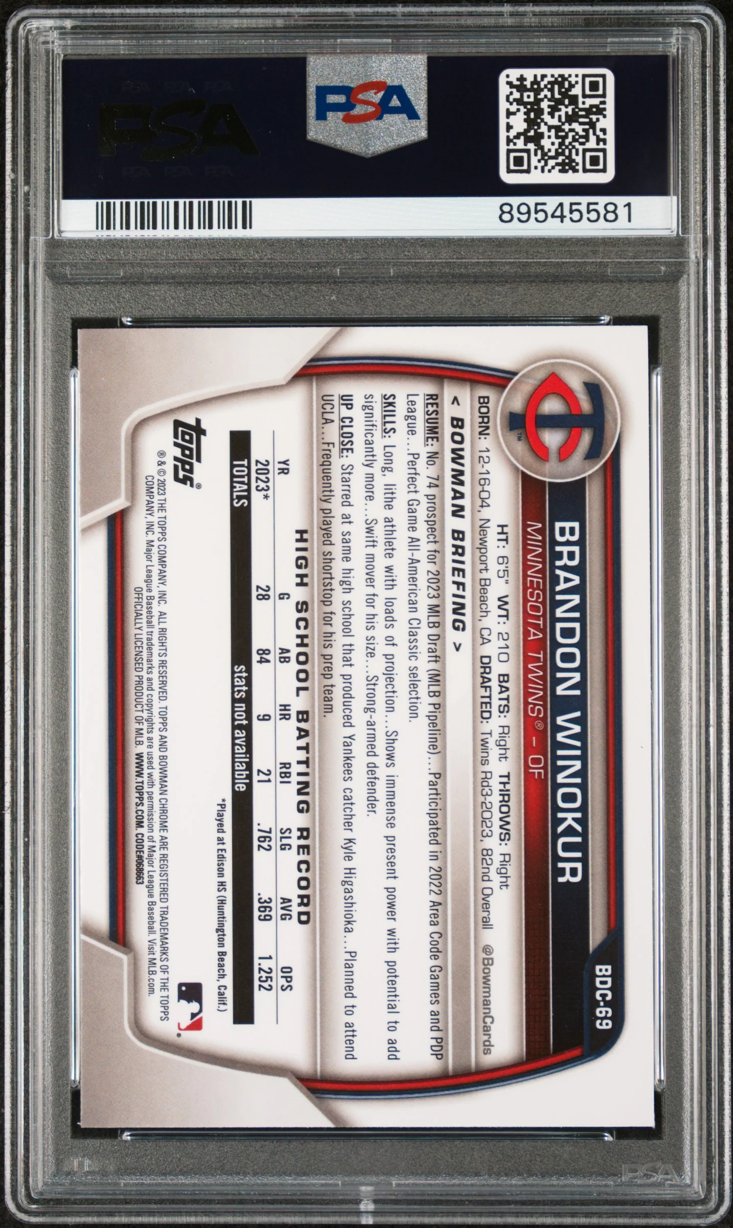 2023 Bowman Draft Chrome Purple Brandon Winokur #BDC69 /250 PSA 10 - Image 2