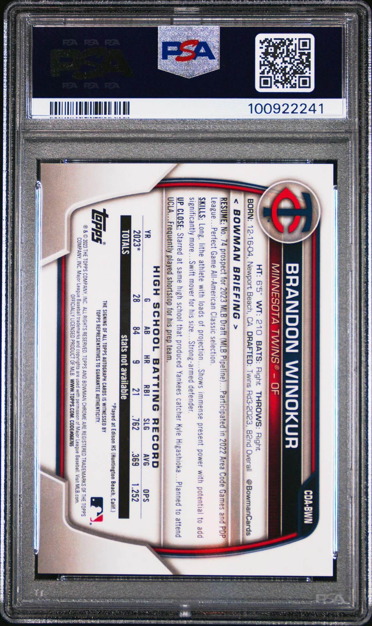 2023 Bowman Draft #CDABWN Brandon Winokur Chrome Autograph PSA 10 - Image 2