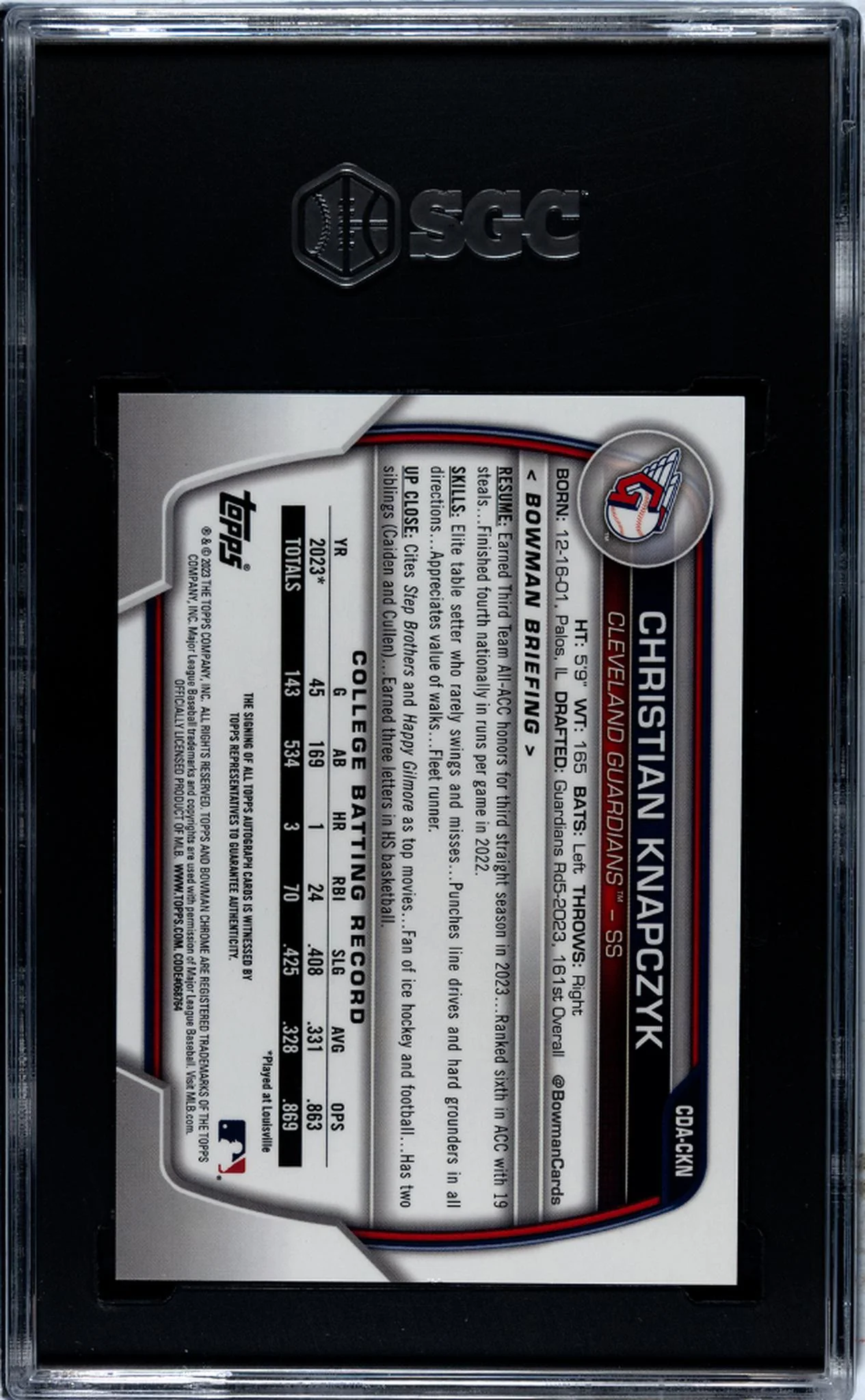 2023 Bowman Draft Chrome Auto Christian Knapczyk #CDA-CKN SGC 9 Auto 10 - Image 2