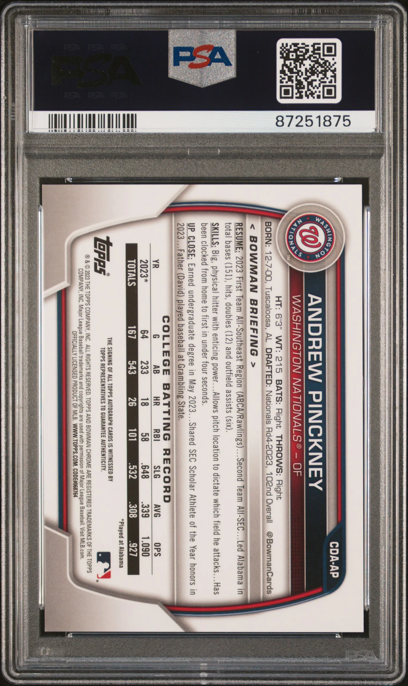 2023 Bowman Draft Chrome Autograph Andrew Pinckney #CDAAP PSA 10 - Image 2