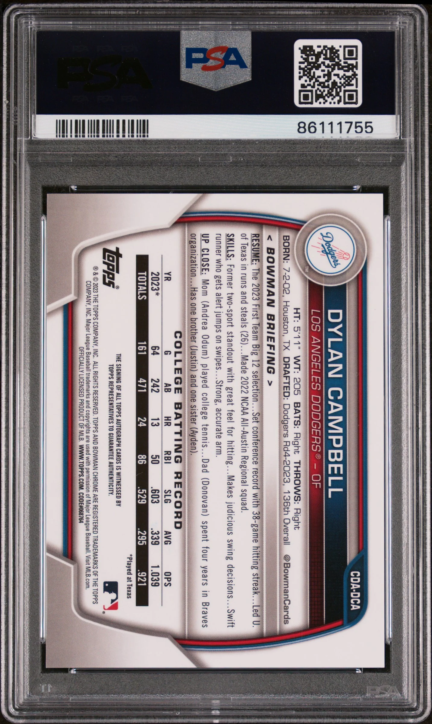 2023 Bowman Draft Chrome Dylan Campbell #CDA-DCA Auto PSA 10 - Image 2