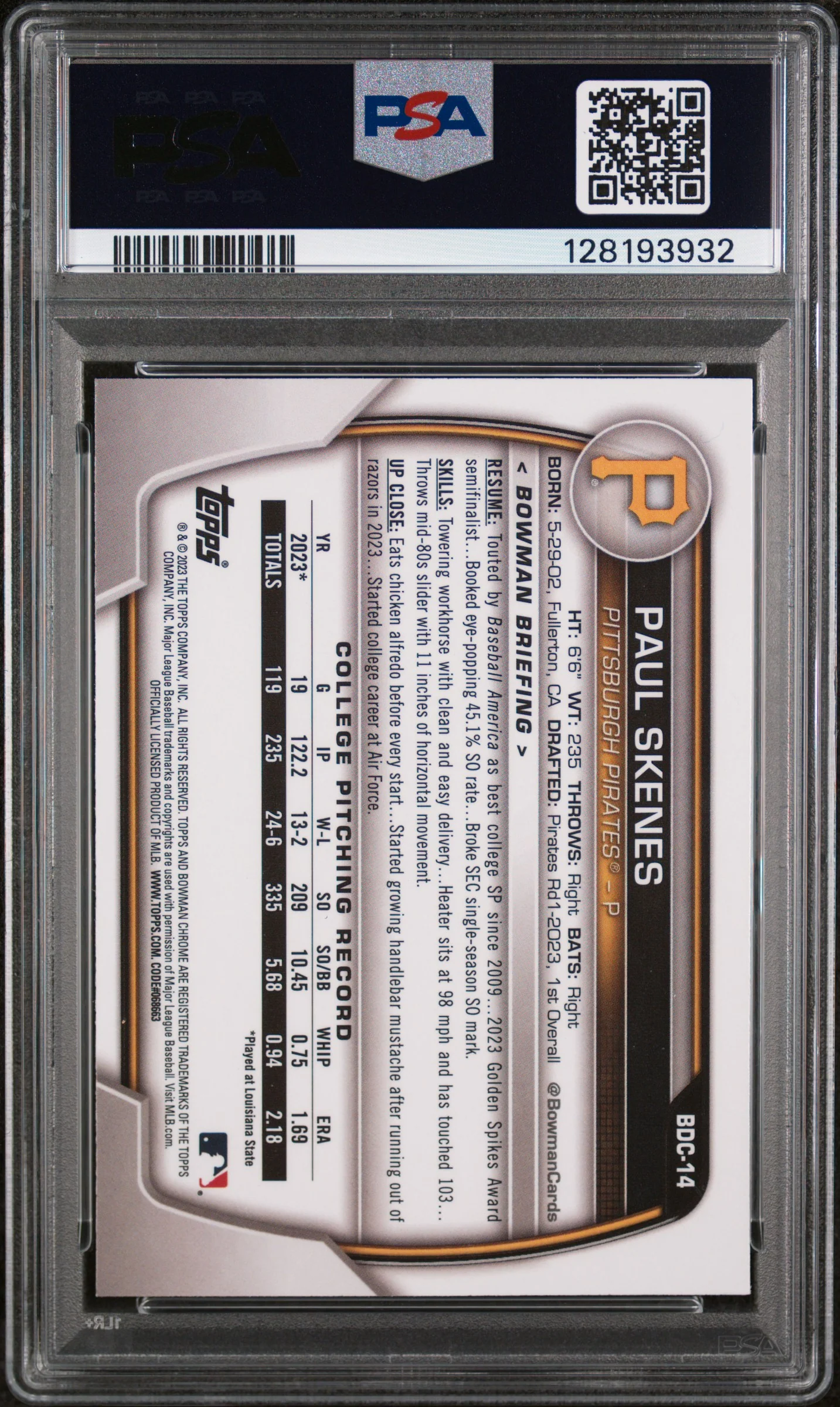 2023 Bowman Draft Chrome Paul Skenes #BDC14 PSA 8 - Image 2