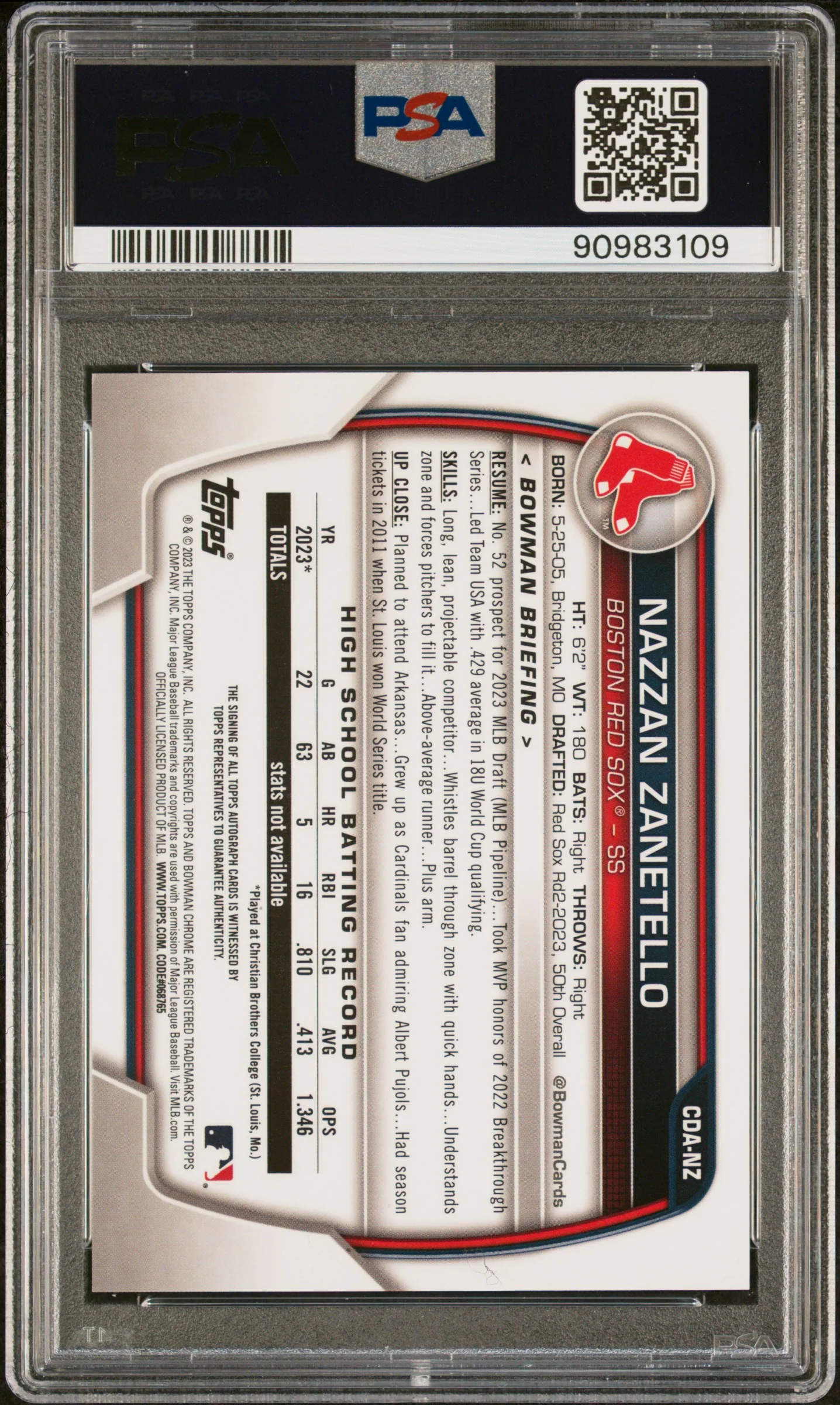 2023 Bowman Draft Chrome Prospect Autograph Nazzan Zanetello #CDANZ PSA 10 - Image 2