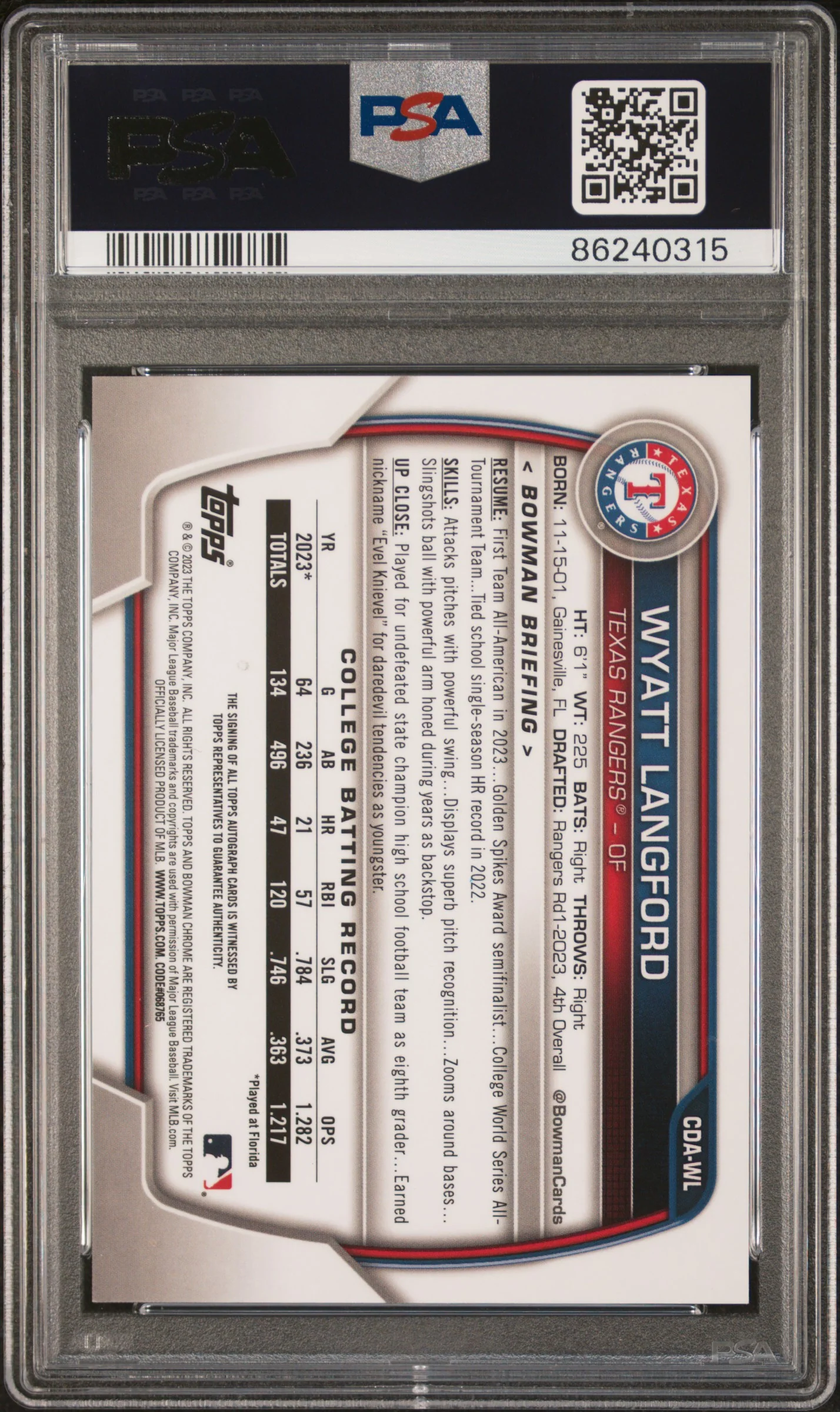 2023 Bowman Draft Chrome Prospect Autograph Wyatt Langford #CDA-WL PSA 9 - Image 2