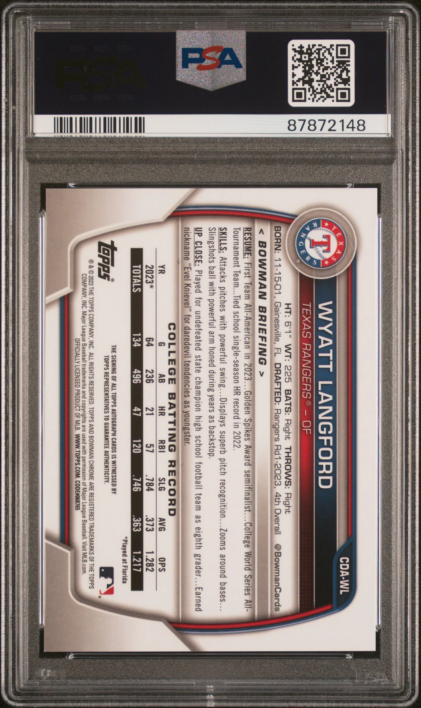 2023 Bowman Draft Chrome Wyatt Langford #CDAWL Auto PSA 9 - Image 2