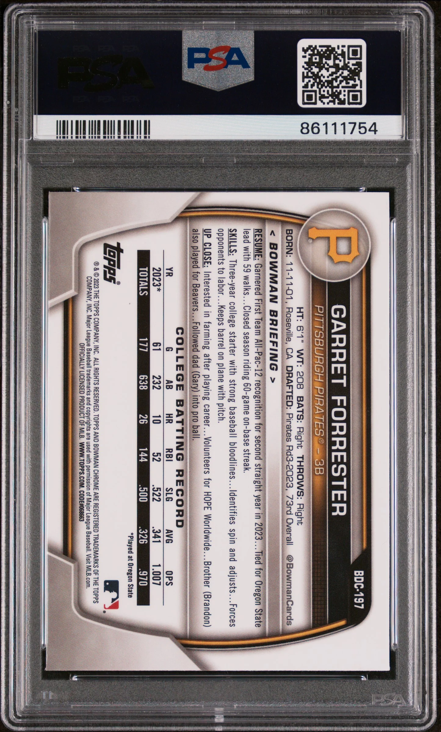 2023 Bowman Draft Chrome-Yellow Lunar Crater Garret Forrester /75 PSA 9 - Image 2