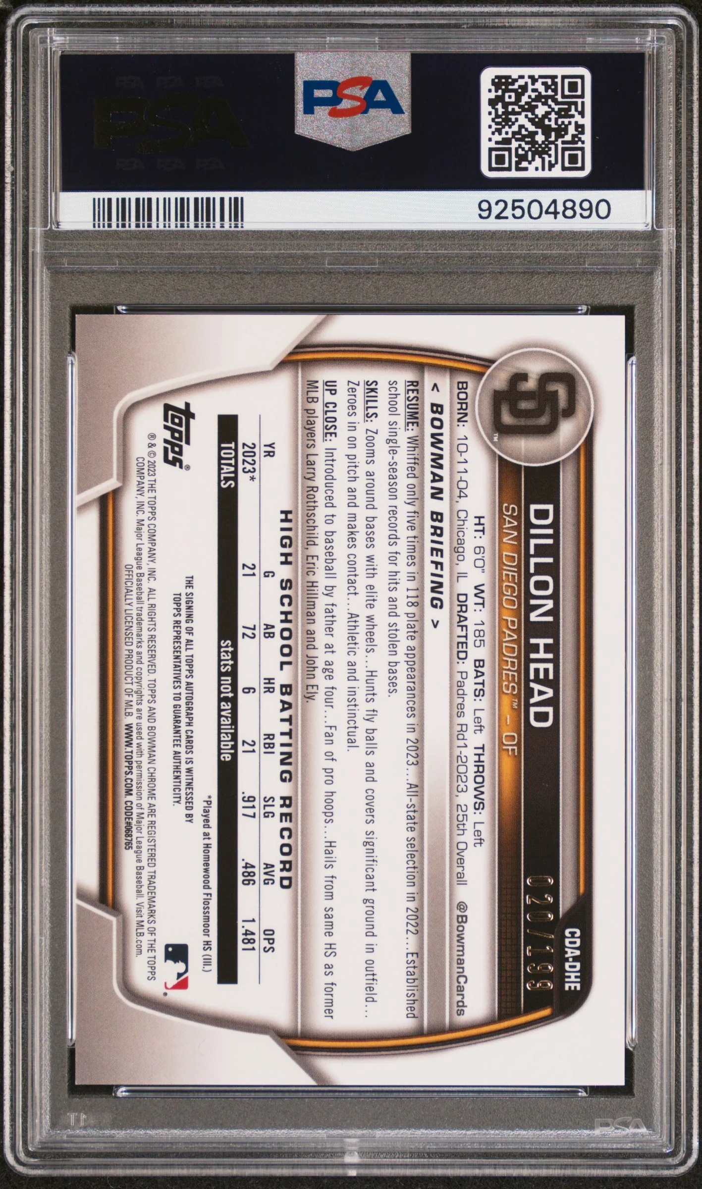 2023 Bowman Draft Sapphire Edition Chrome Prospect Autographs Dillon Head #CDADHE /199 PSA 10 - Image 2