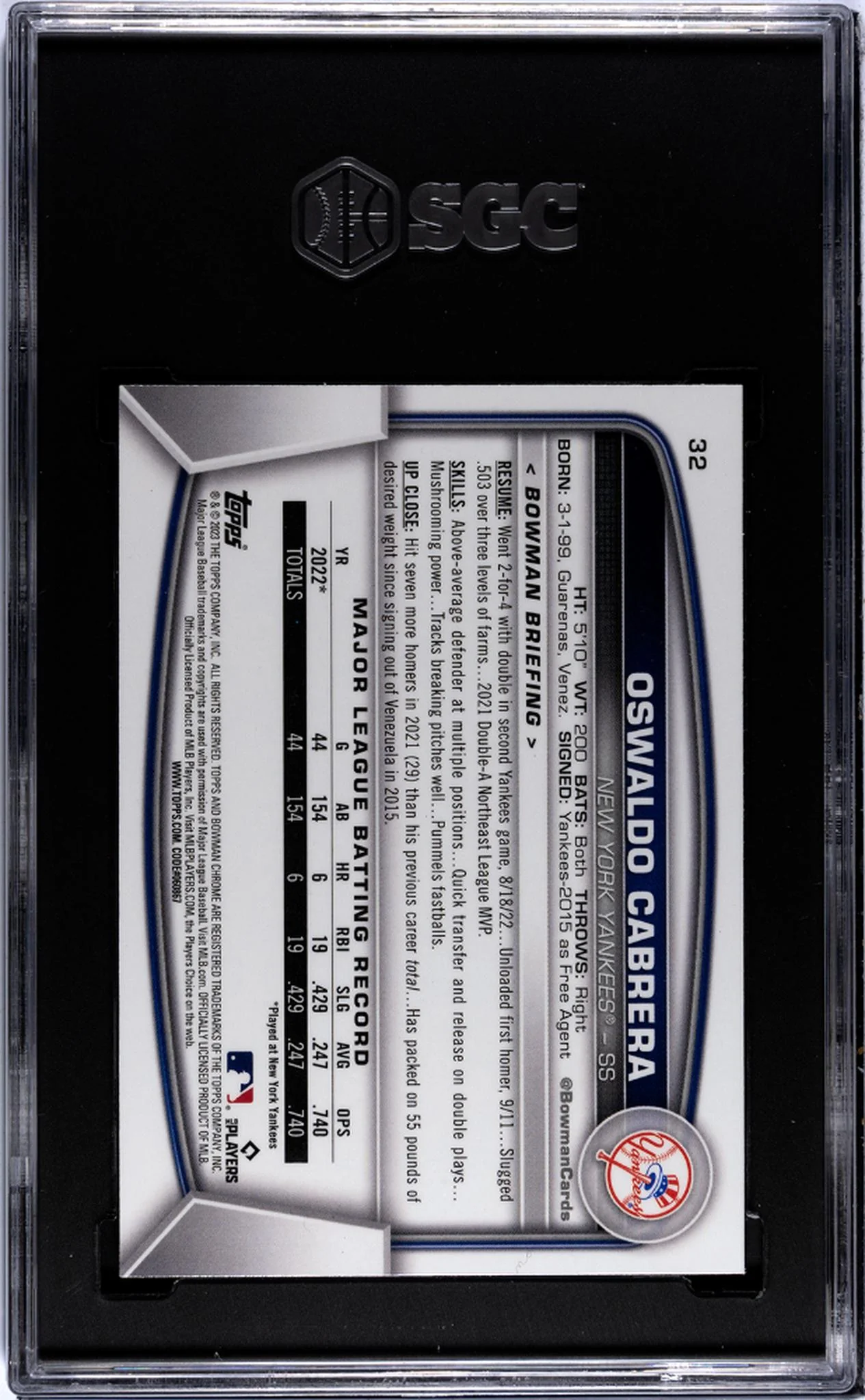 2023 Bowman Mega Box #32 Oswaldo Cabrera SGC 10 - Image 2