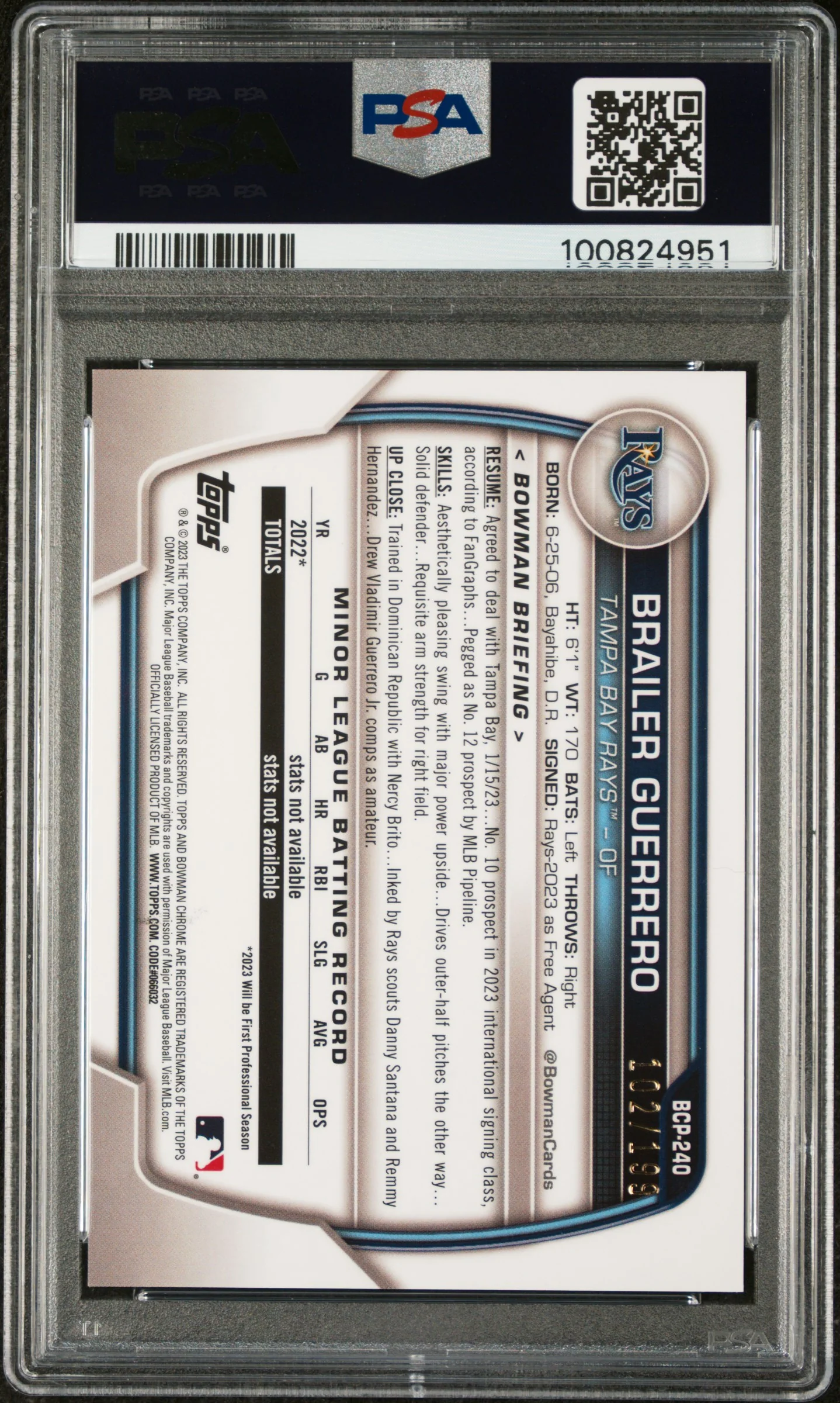 2023 Bowman Mega Box Chrome Pink Brailer Guerrero #240 /10217998 PSA 10 - Image 2