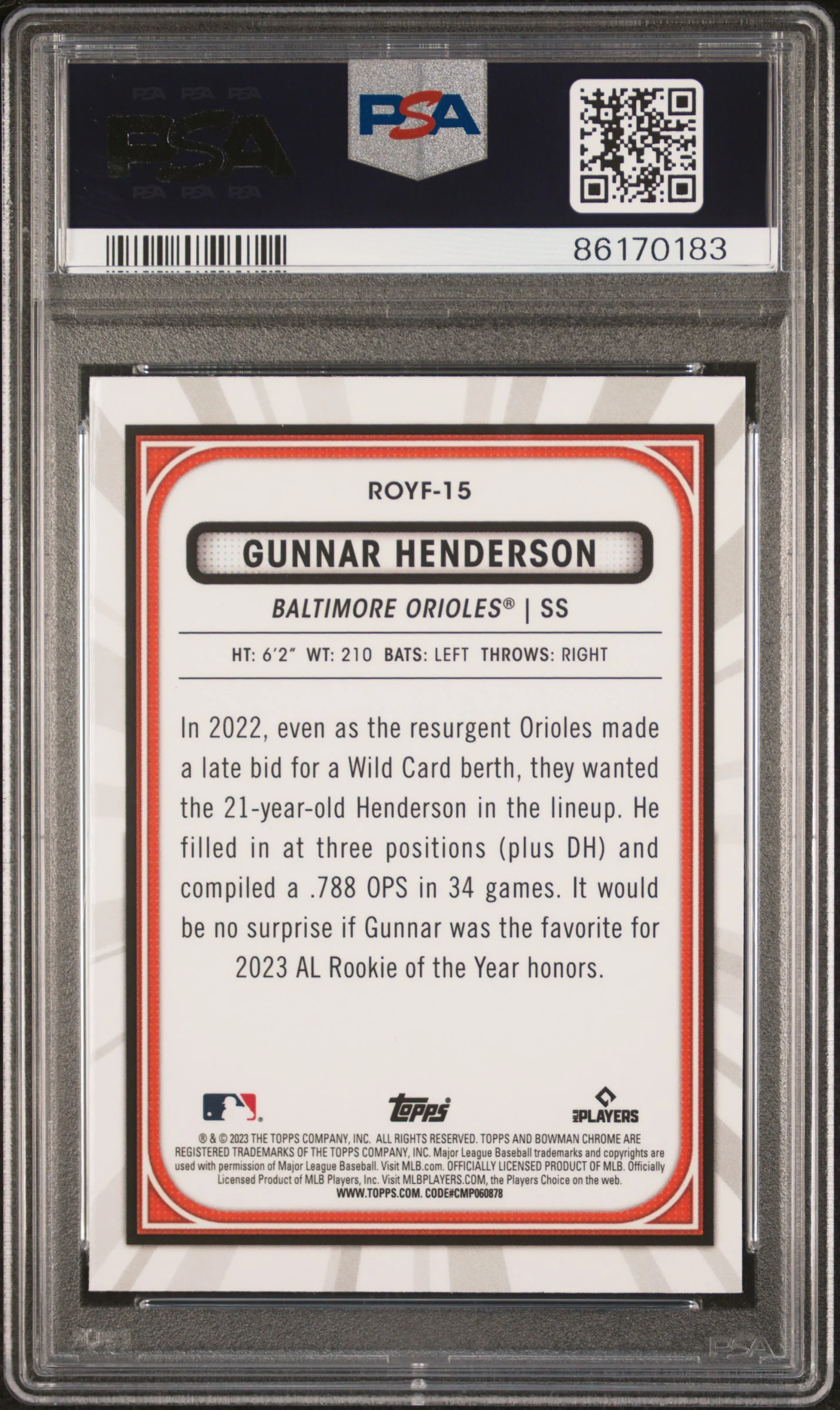 2023 Bowman Mega Box Chrome Rookie of the Year Favorites Gunnar Henderson #ROYF-15 PSA 10 - Image 2