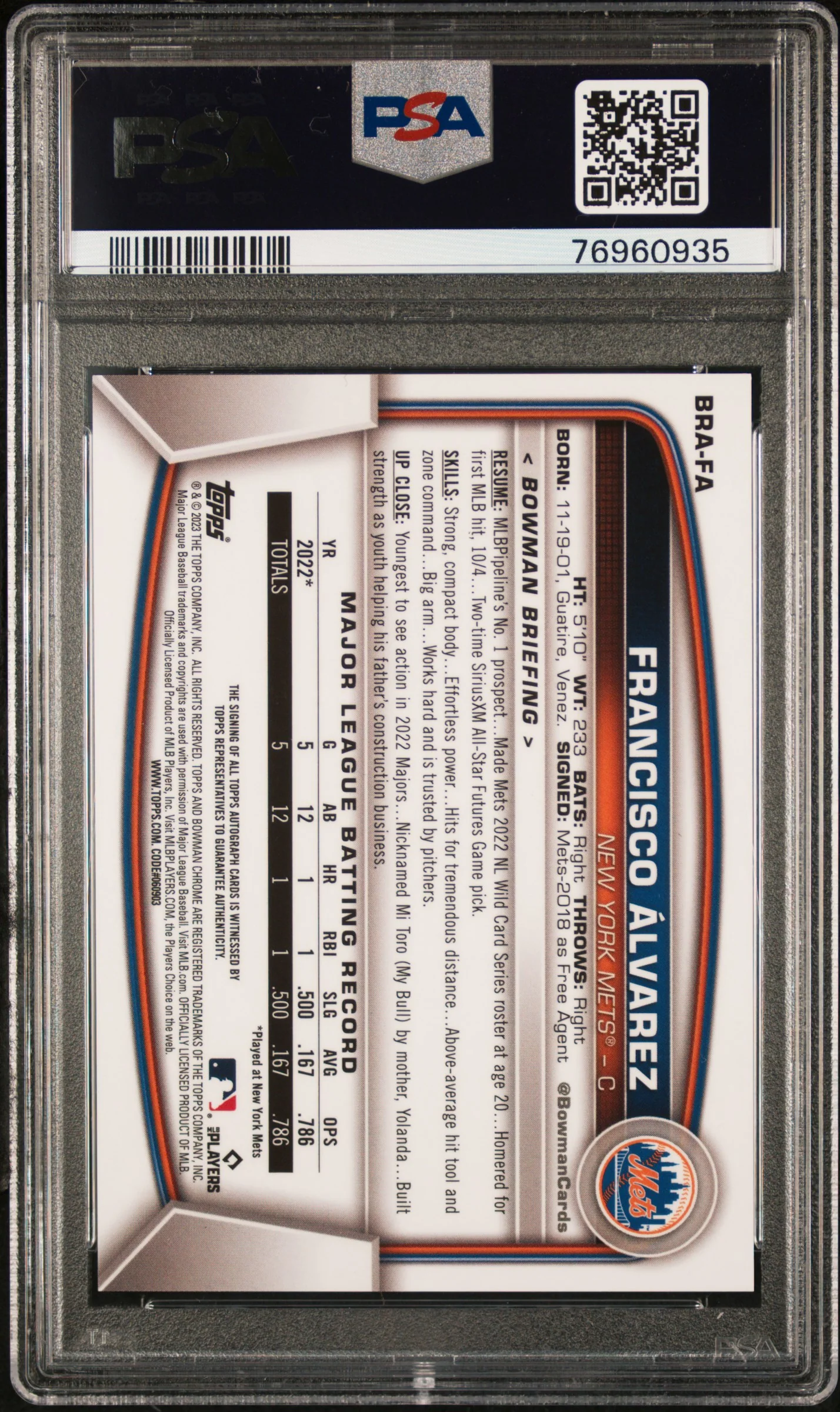 2023 Bowman Mega Box Chrome Rookies Autographs Rk Auto-Orange Ref. Francisco Alvarez #FA /25 PSA 10 - Image 2