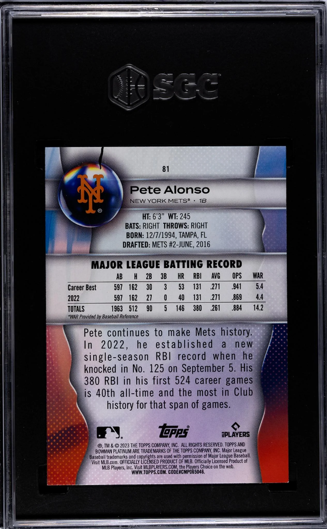 2023 Bowman Platinum Pete Alonso #81 SGC 9 - Image 2