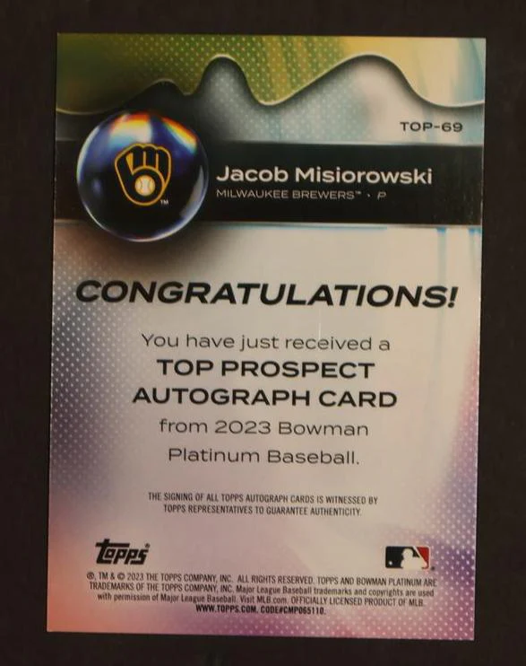 2023 Bowman Platinum Top Prospect Autographs Jacob Misiorowski #TOP-69 Auto - Image 2