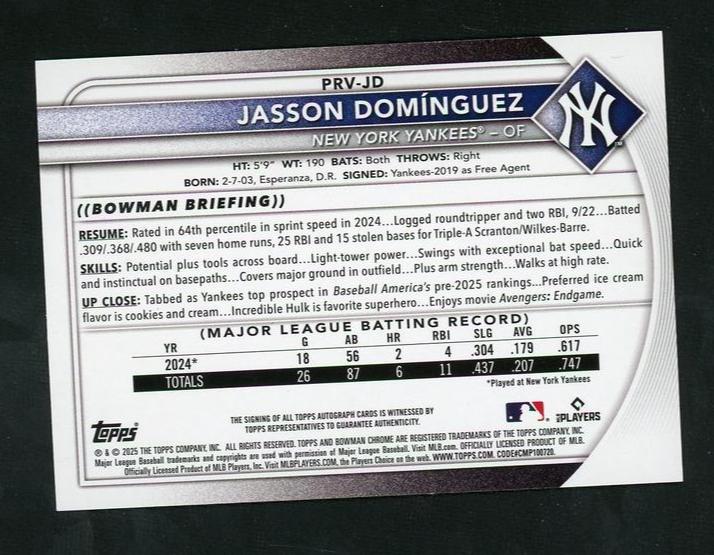 2023 Bowman PRV-JD Jasson Dominguez Bowman Chrome Orange /75 VG New York Yankees Auto - Image 2