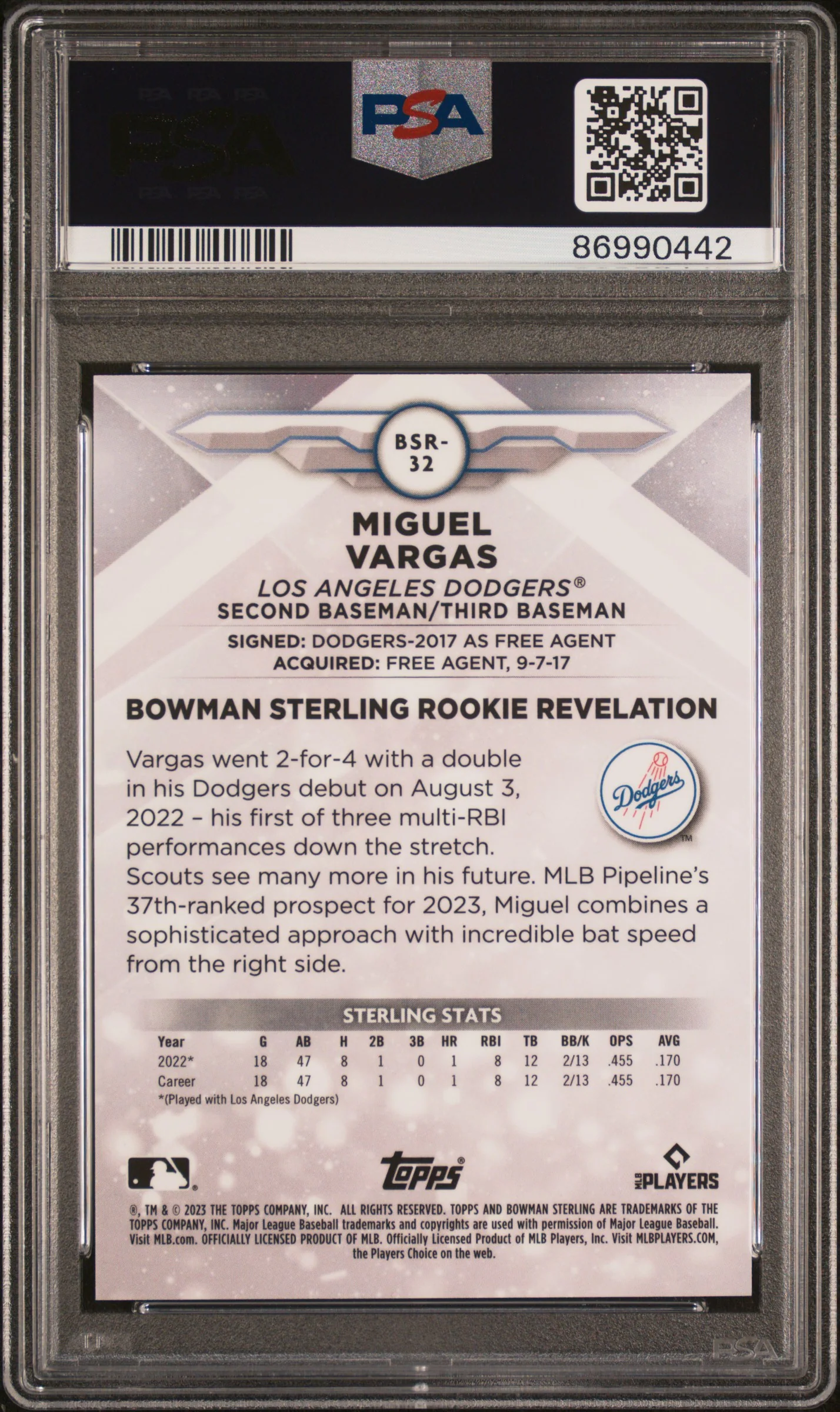 2023 Bowman Sterling Gold Miguel Vargas #BSR32 /50 PSA 10 - Image 2